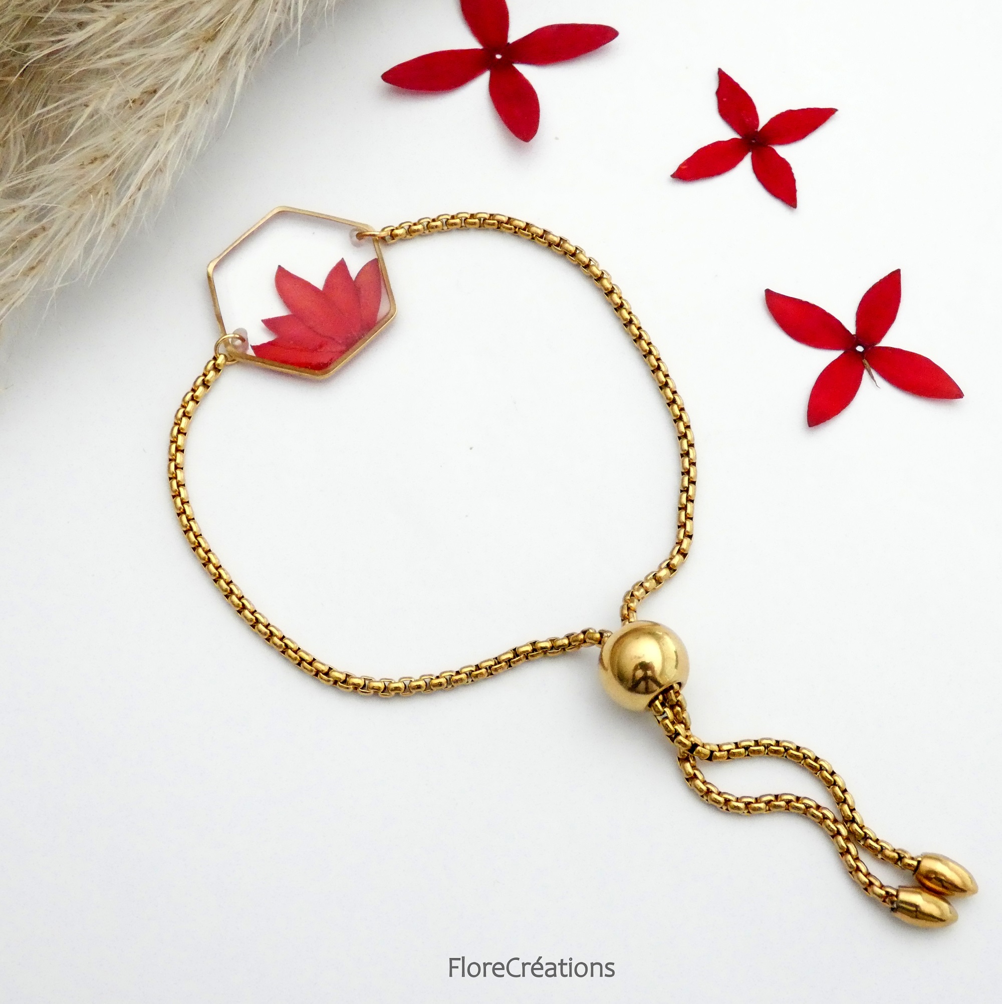 bracelet ajustable acier inox fleur ixora martinique rouge doré (5)