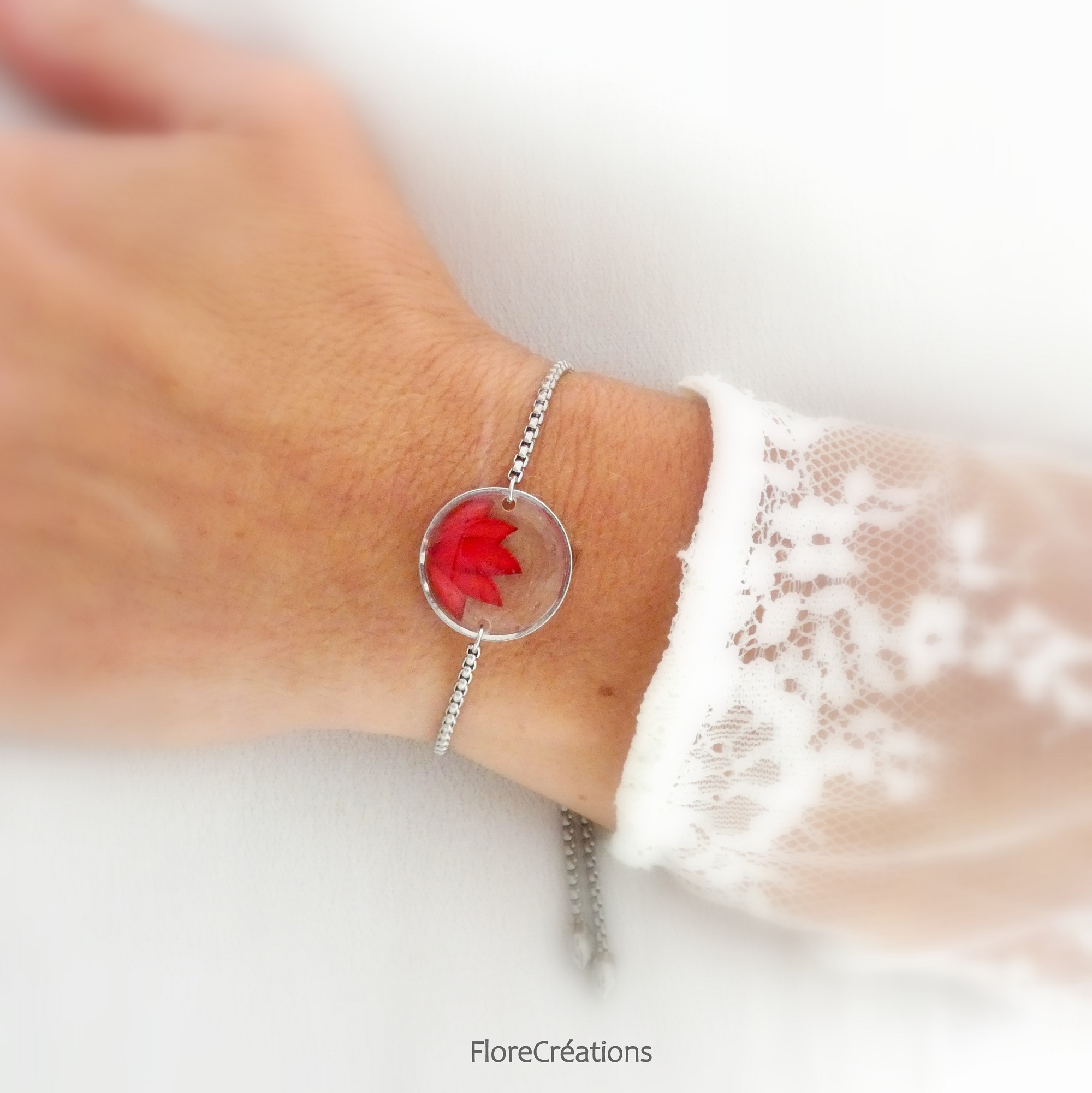 bracelet ajustable acier inox fleur ixora martinique rouge (4)