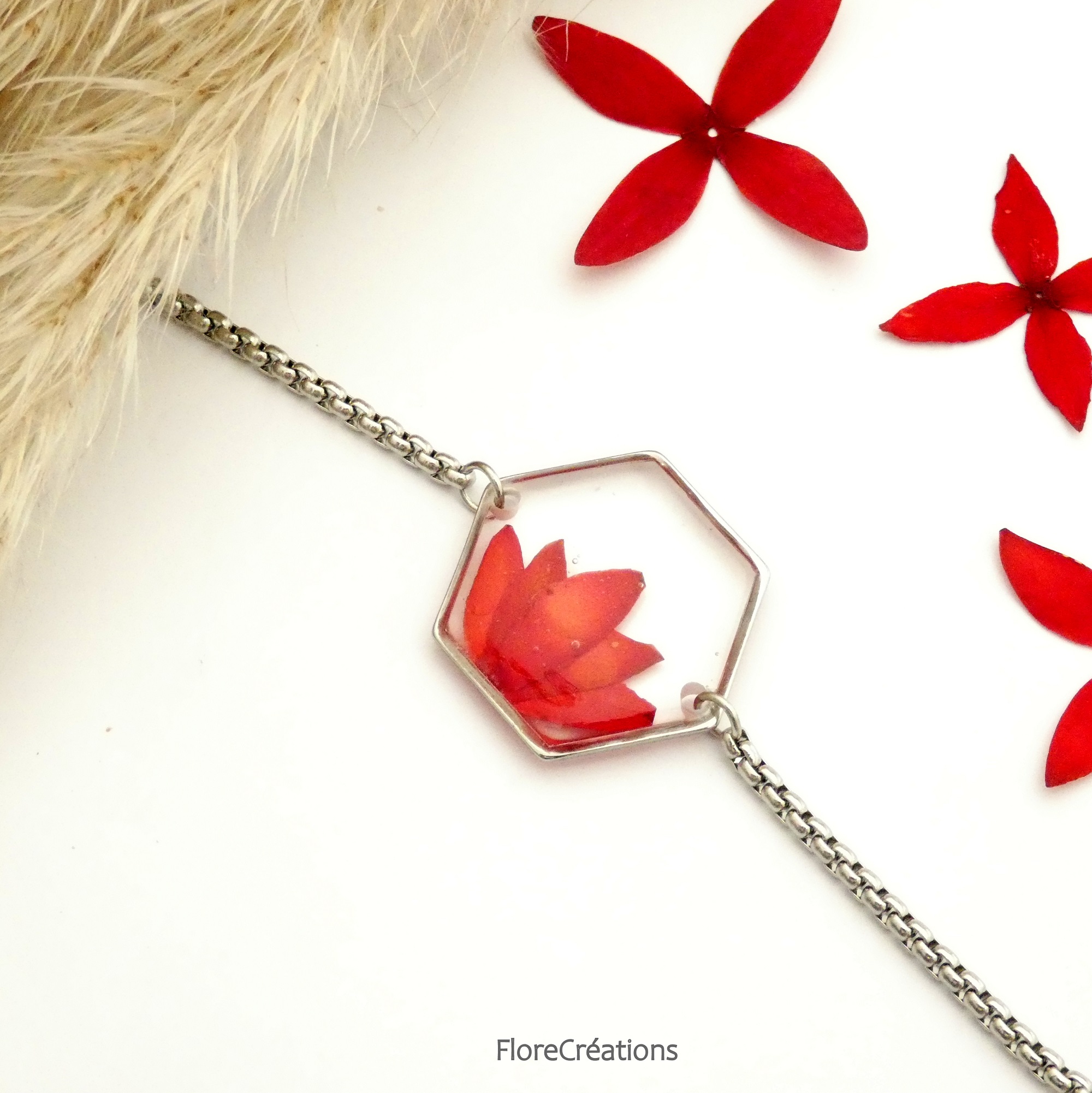 bracelet ajustable acier inox fleur ixora martinique rouge (7)