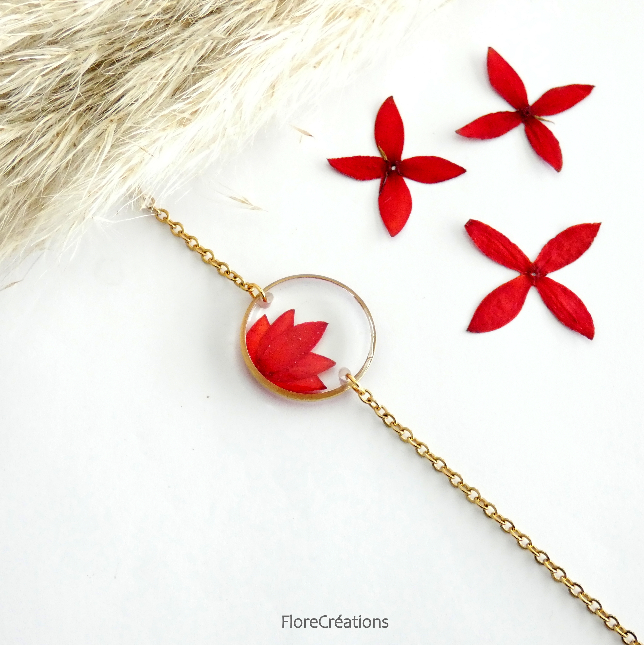 bracelet chaine acier inox doré fleur séchée ixora martinique rouge  cercle rond (2)