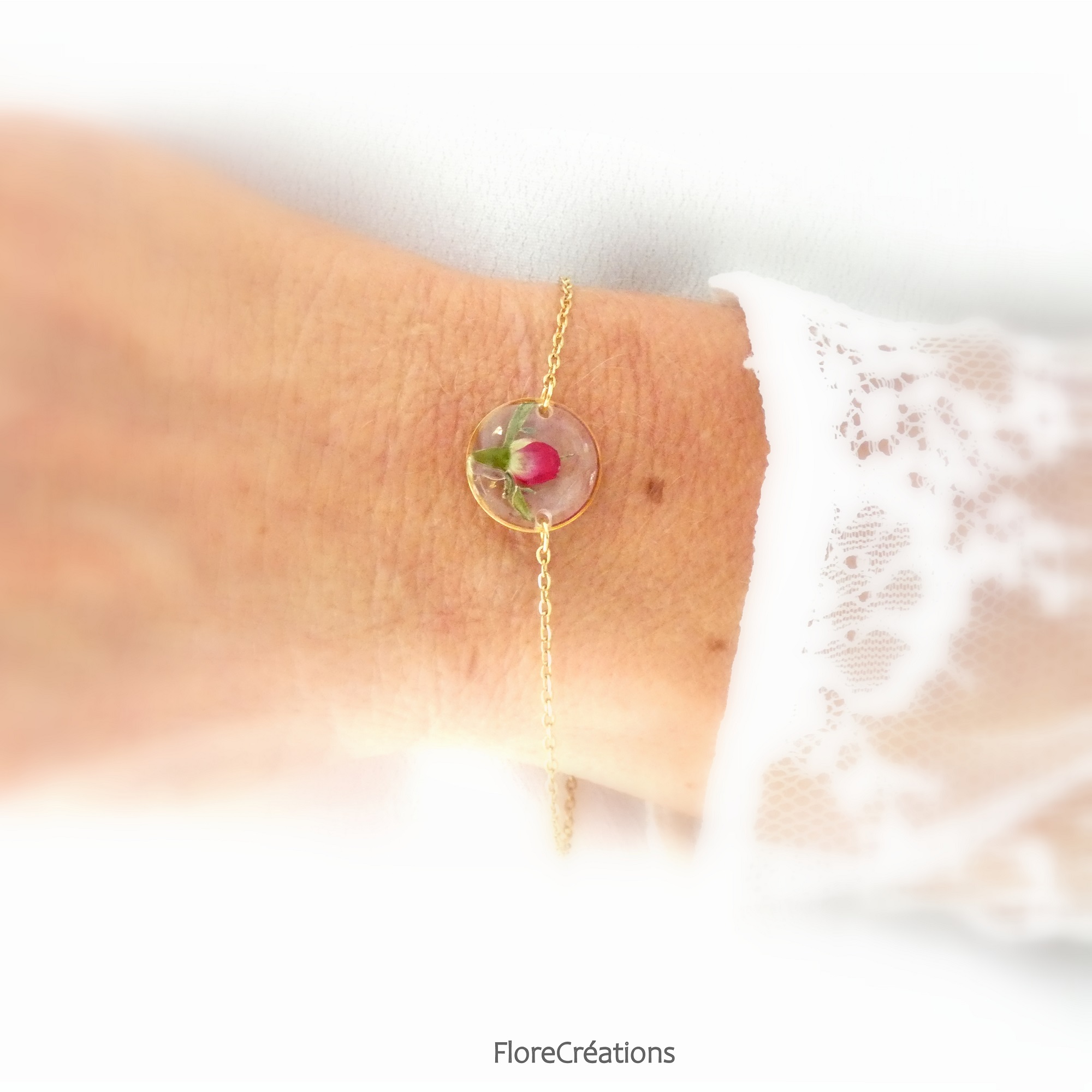 bracelet chainette inox doré fleur séchée rose cercle rond