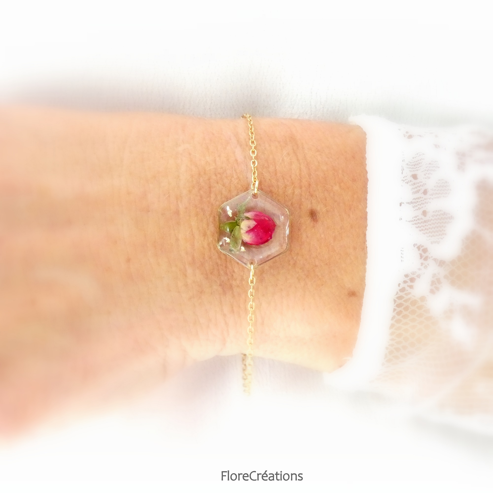 bracelet chainette inox doré fleur séchée rose hexagone