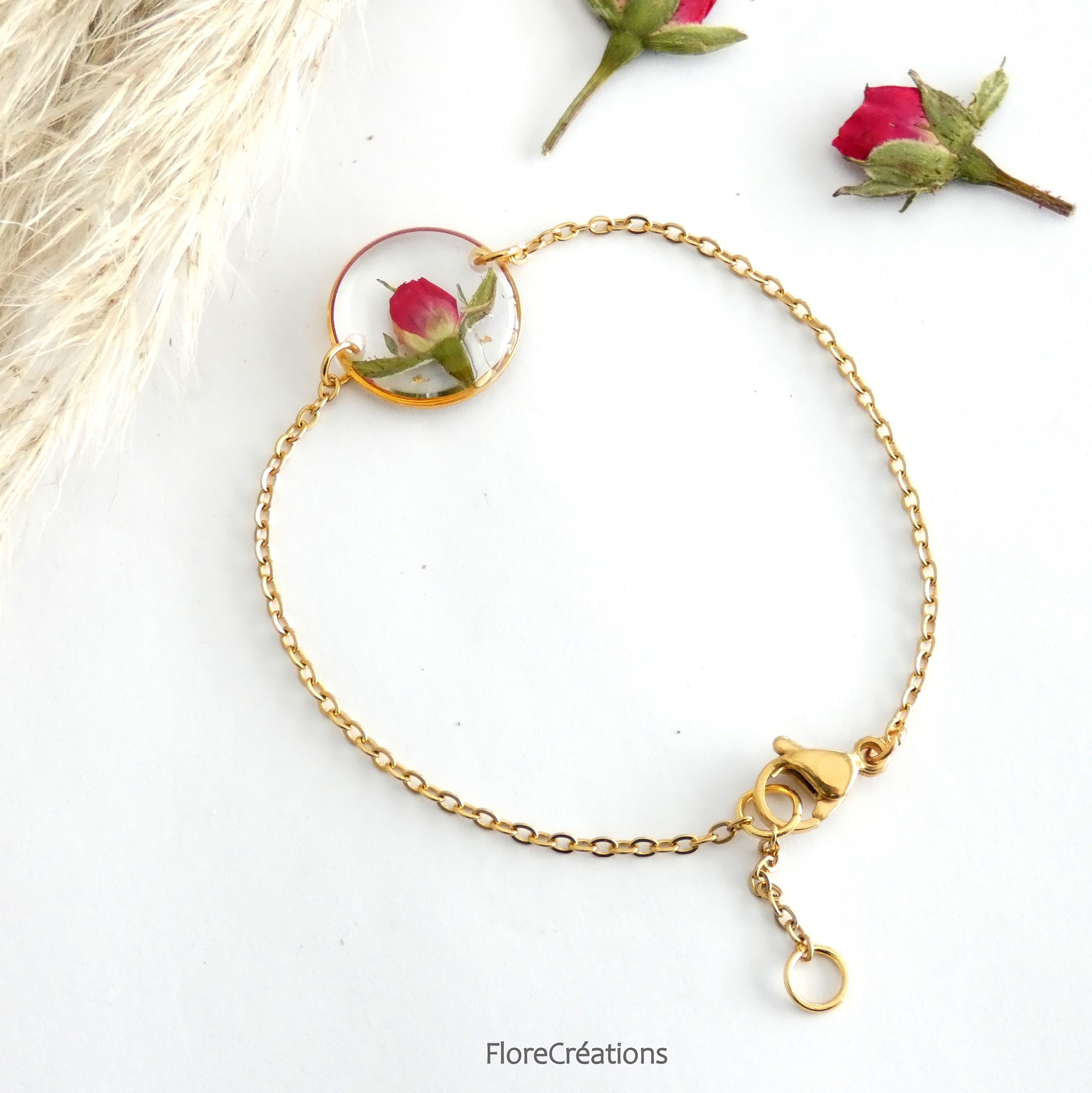 bracelet chainette inox doré fleur séchée rose cercle rond4
