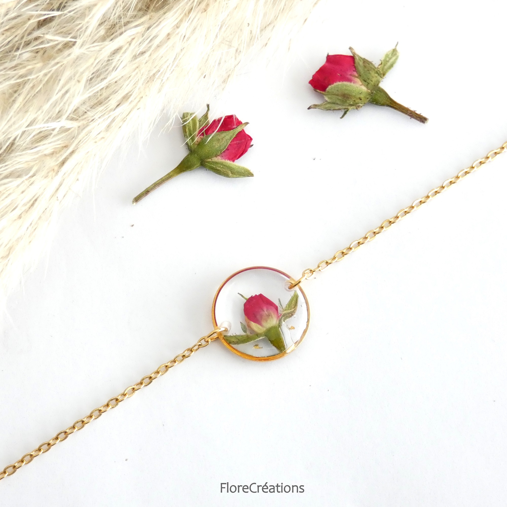 bracelet chainette inox doré fleur séchée rose cercle rond3