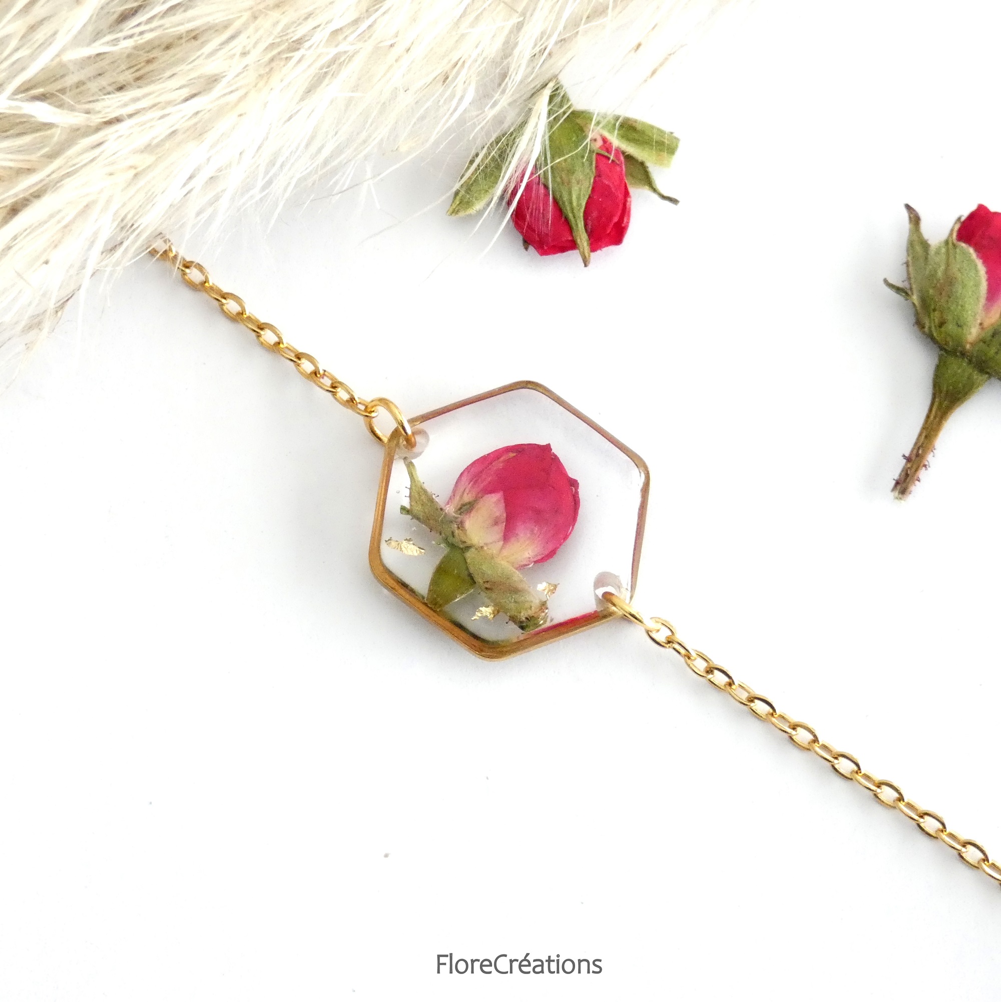 bracelet chainette inox doré fleur séchée rose hexagone2