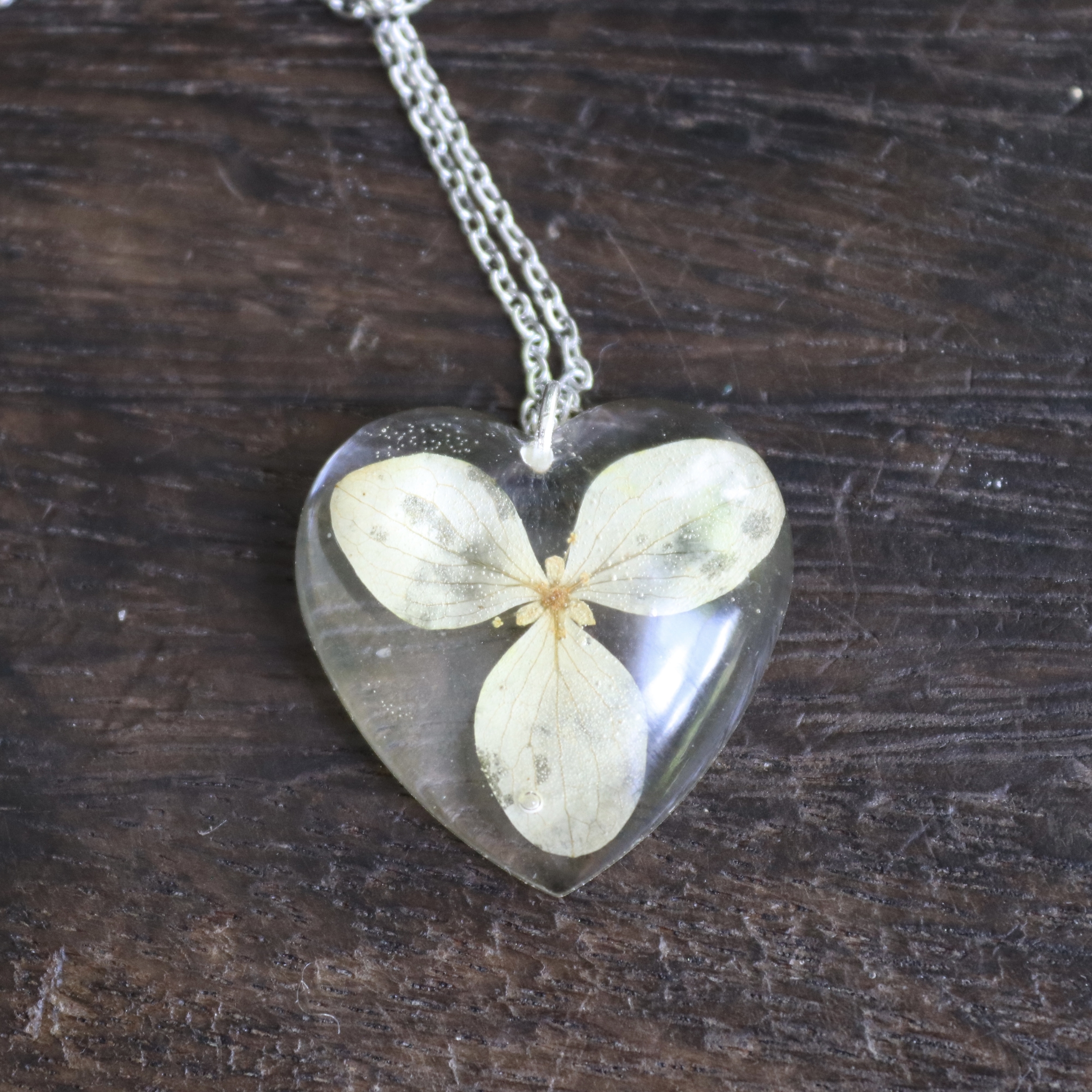 collier chaine acier inox pendentif fleur séchée coeur hortensia4