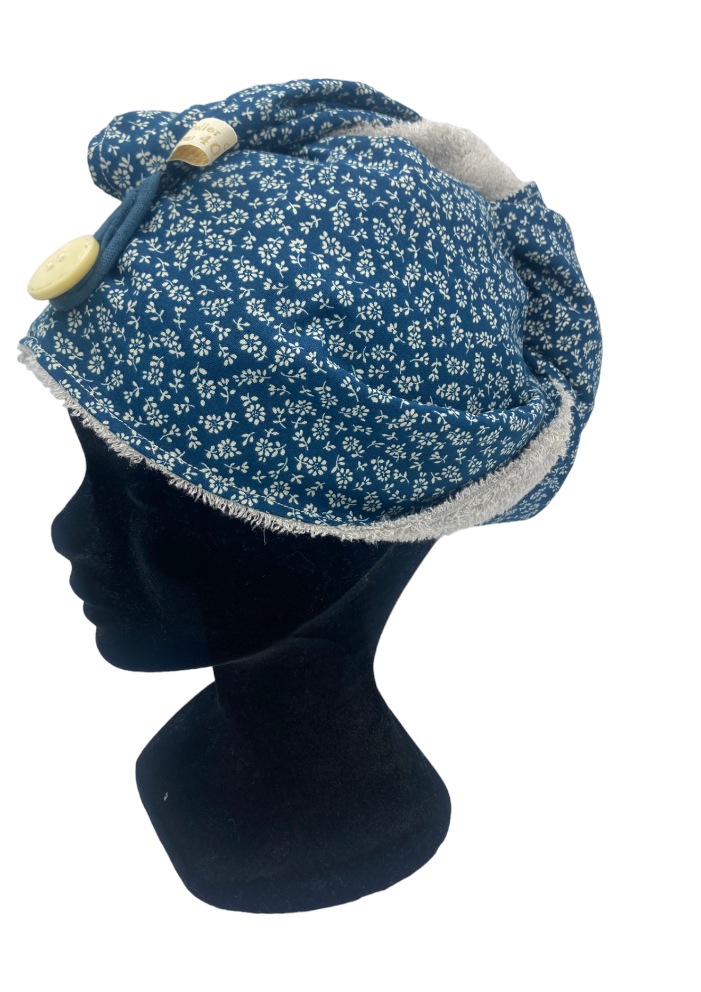 turban bain eponge bambou artisanal seche cheveux écru fleur bleu