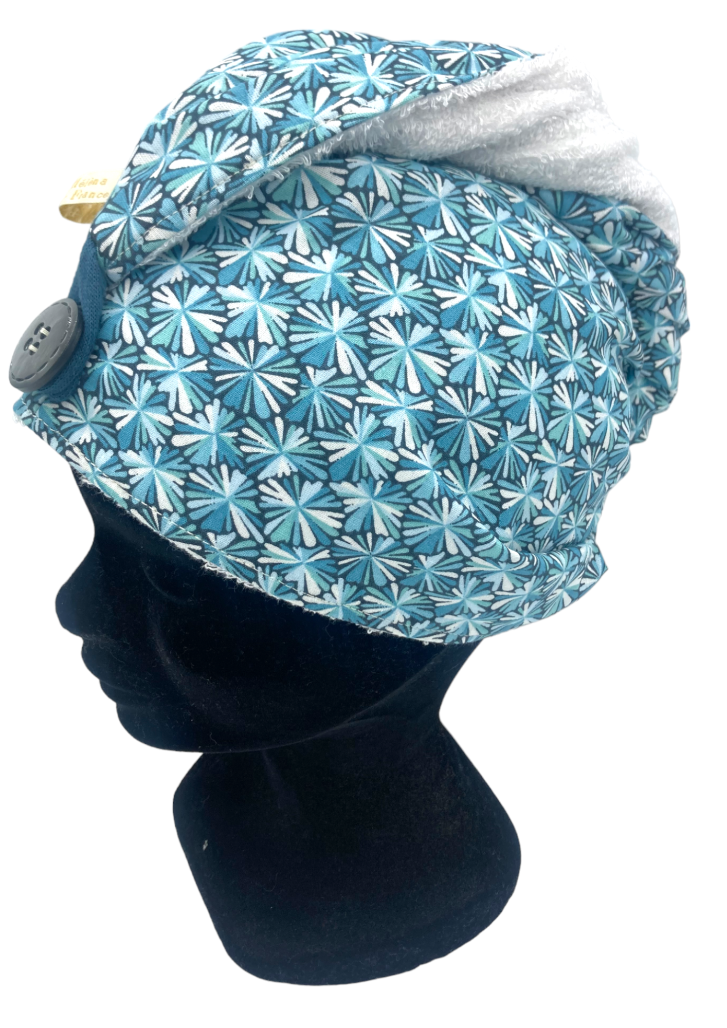 turban bain eponge bambou artisanal seche cheveux bleu blanc