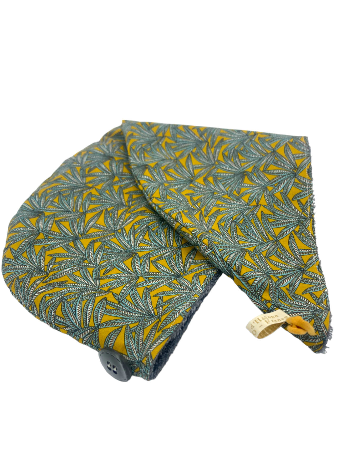 turban bain eponge bambou artisanal seche cheveux palmes jaune gris