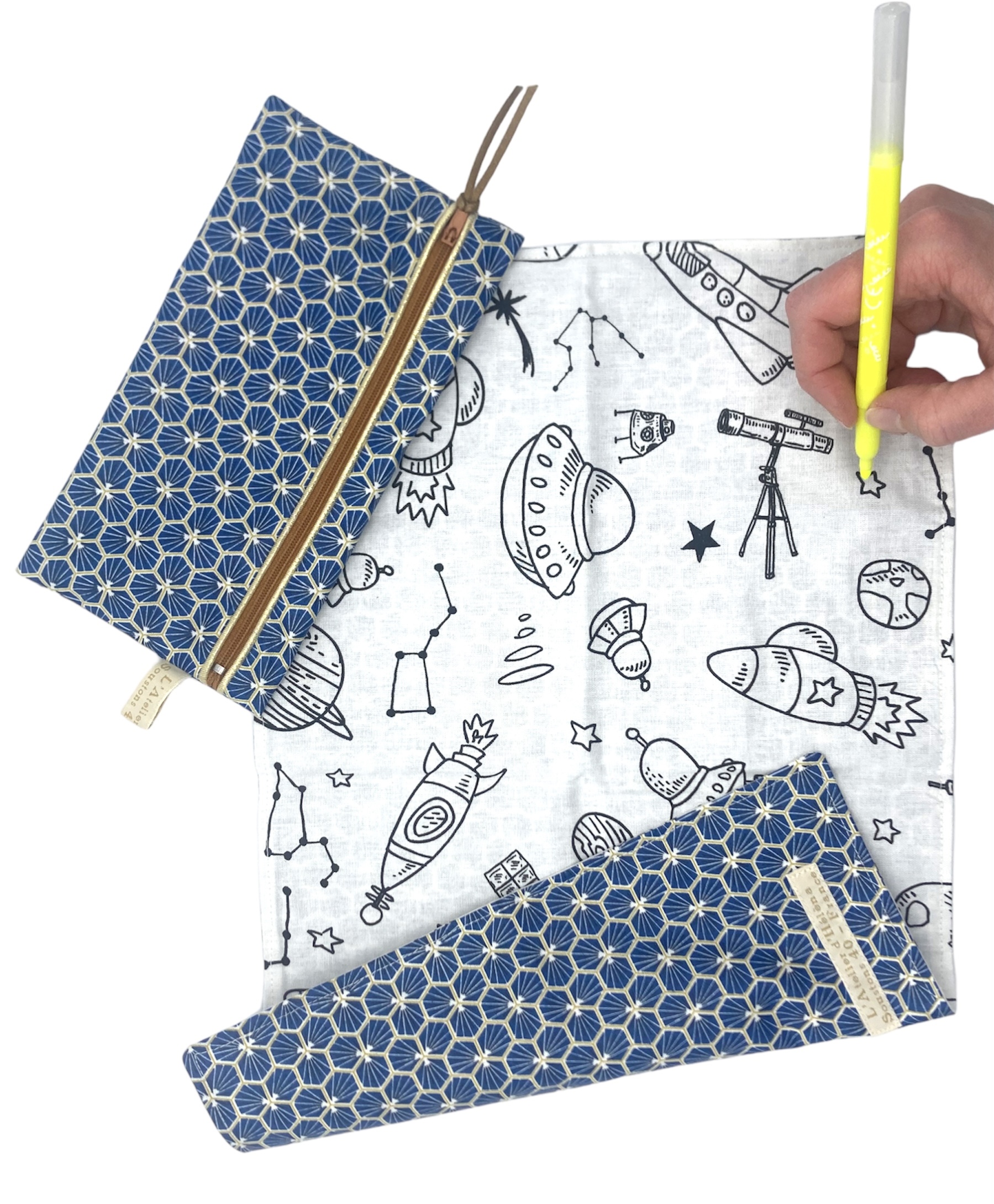 set coloriage lavable et trousse coton enduit doublé artisanal france bleu feutre