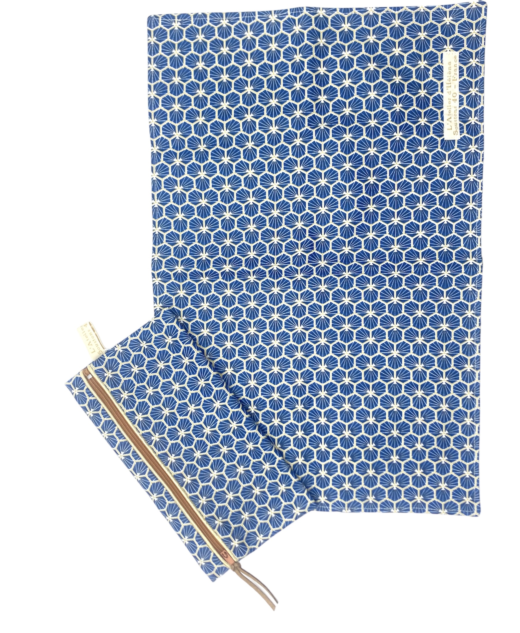 set coloriage lavable et trousse coton enduit doublé artisanal france geometrique bleu