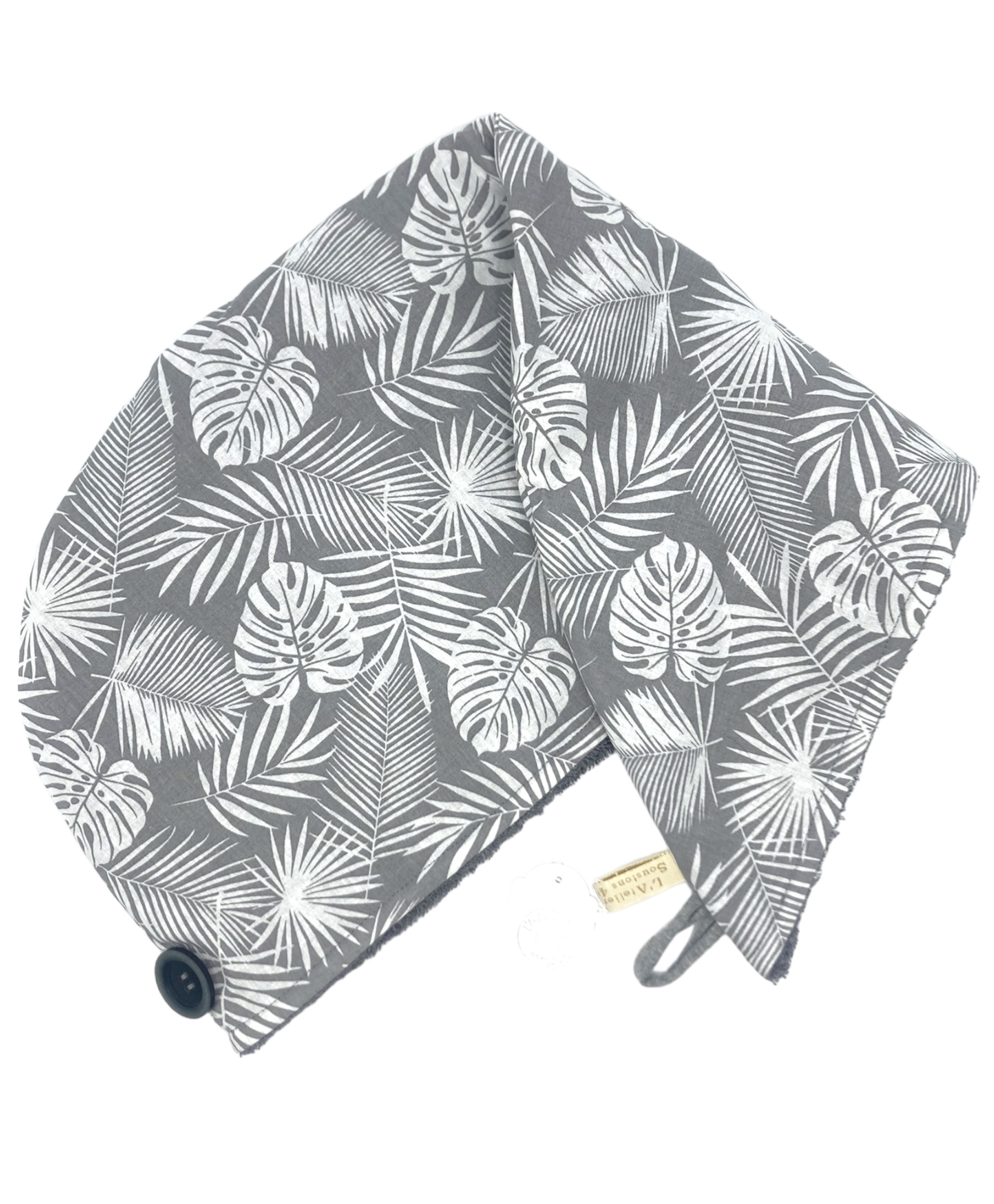 turban bain eponge bambou seche cheveux artisanal france feuille palme gris blanc