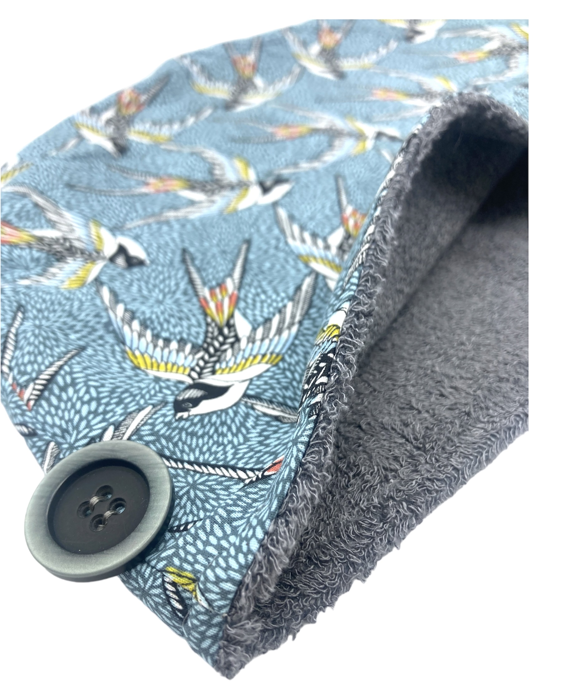 turban bain eponge bambou seche cheveux artisanal france oiseaux bleu gris