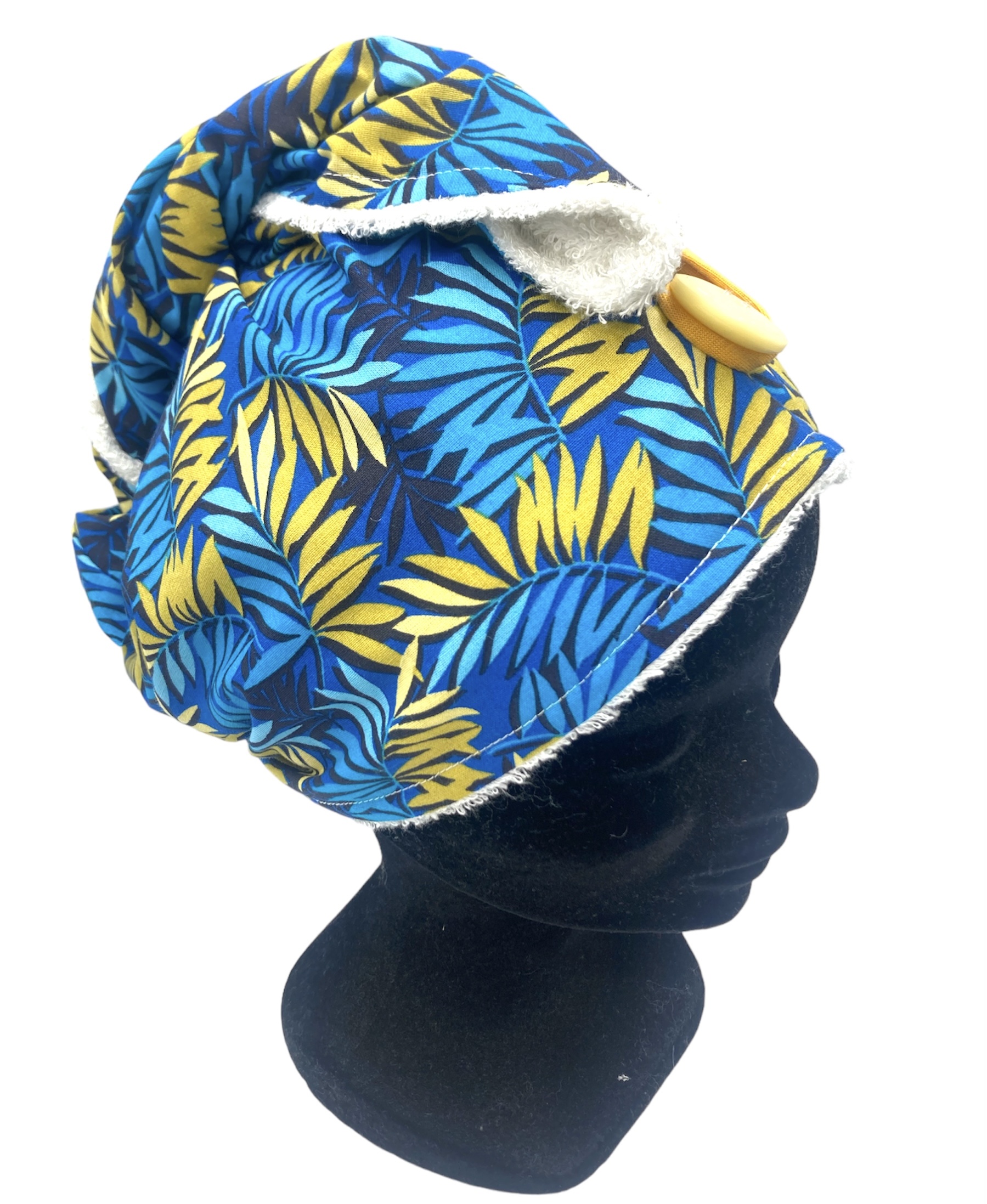 turban bain eponge bambou seche cheveux artisanal france feuilles bleu or