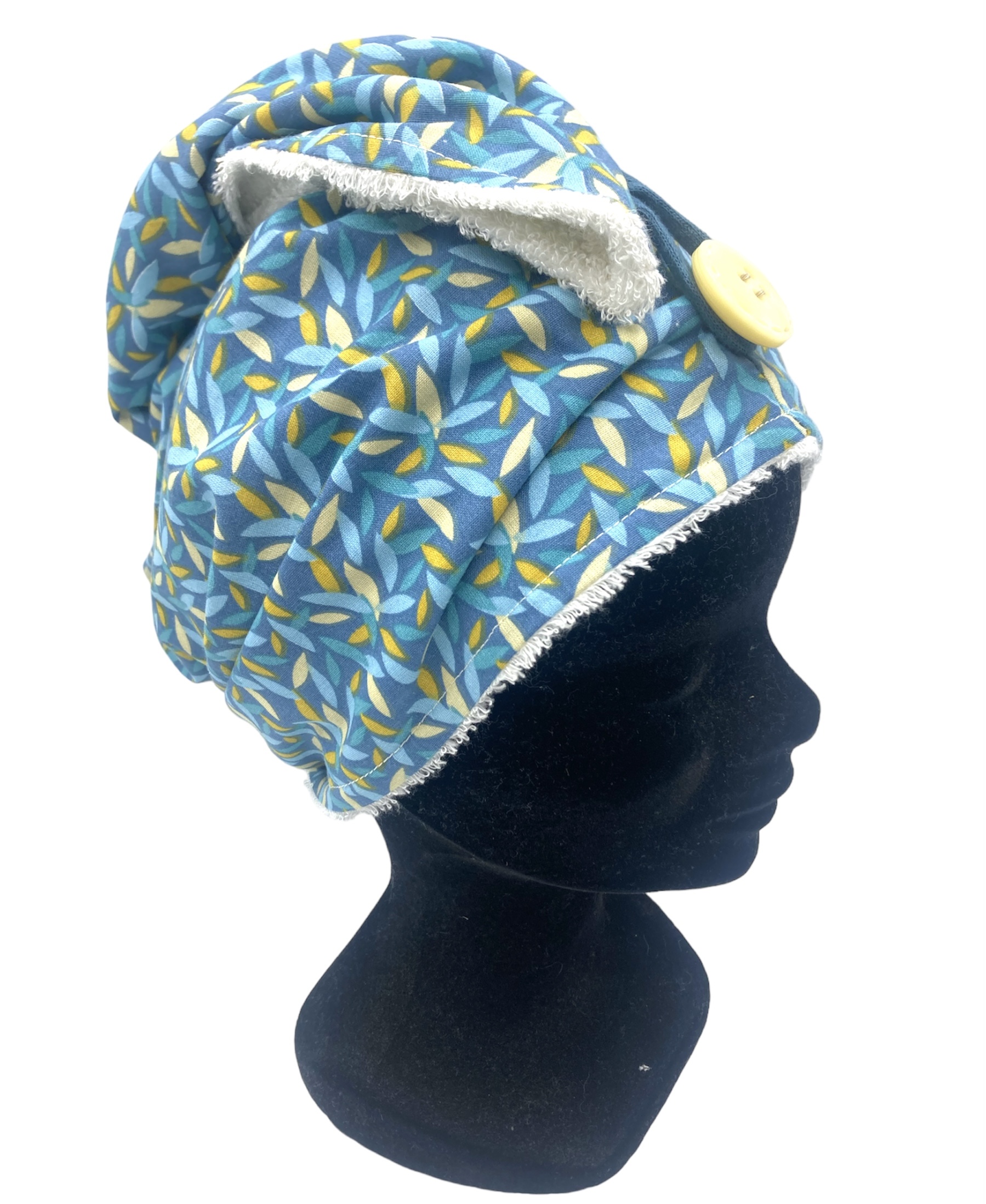 turban bain eponge bambou seche cheveux artisanal france graisn bleu jaune écru