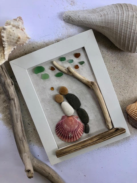 cadre amoureux coquillages galets artisanal bois