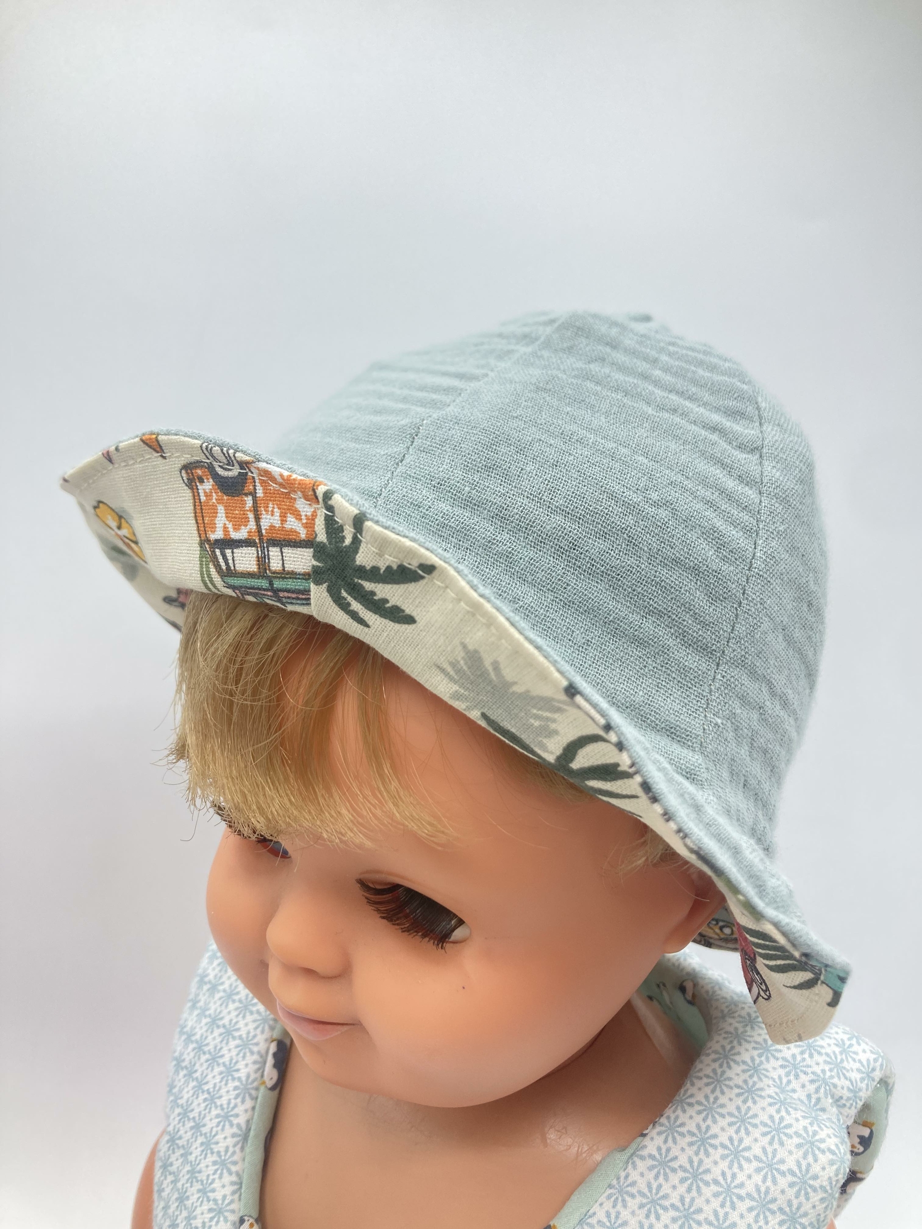 bob chapeau bébé coton été artisanal gaze coton gris vert