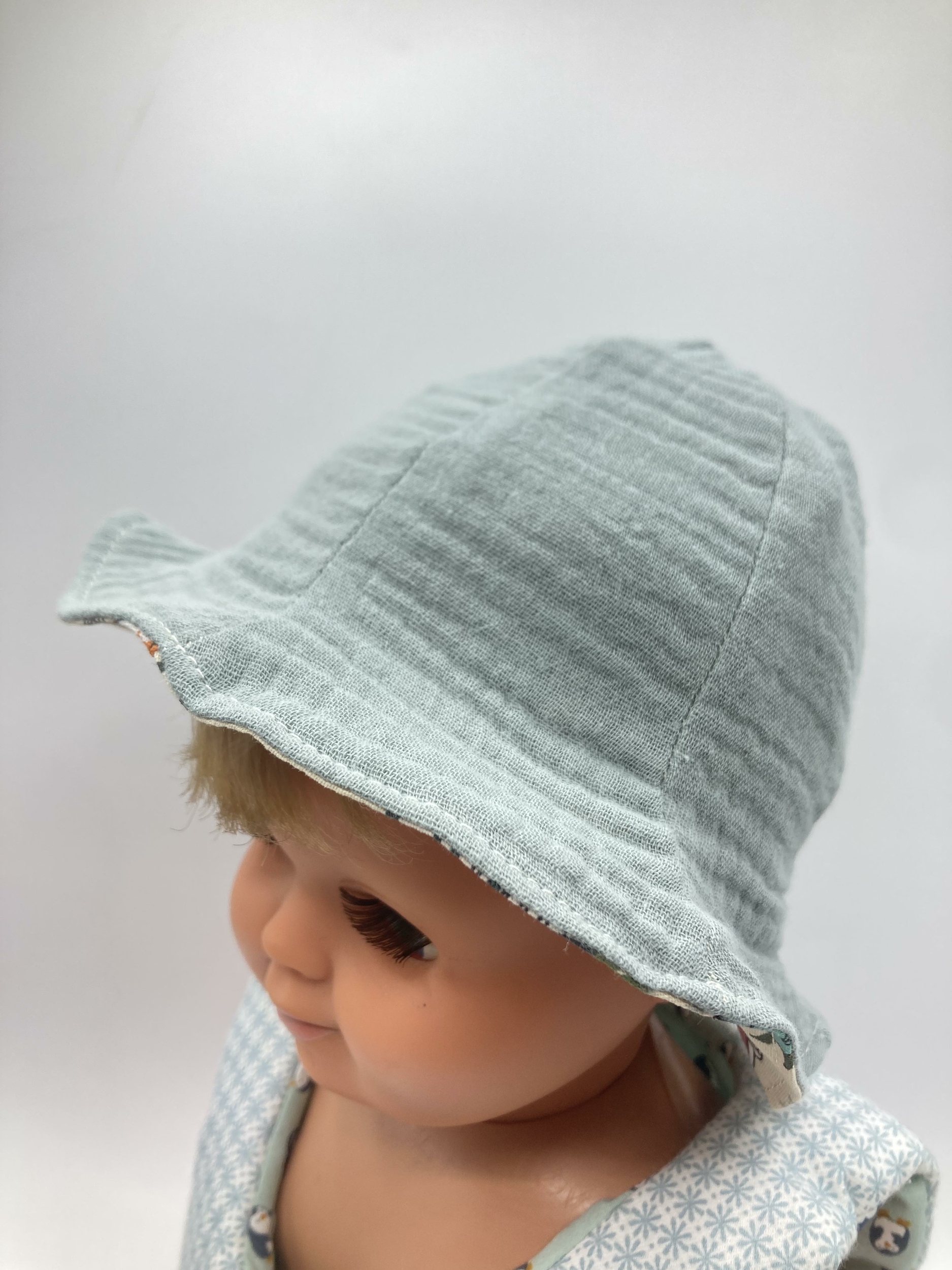 bob chapeau bébé coton été artisanal gaze coton gris vert uni