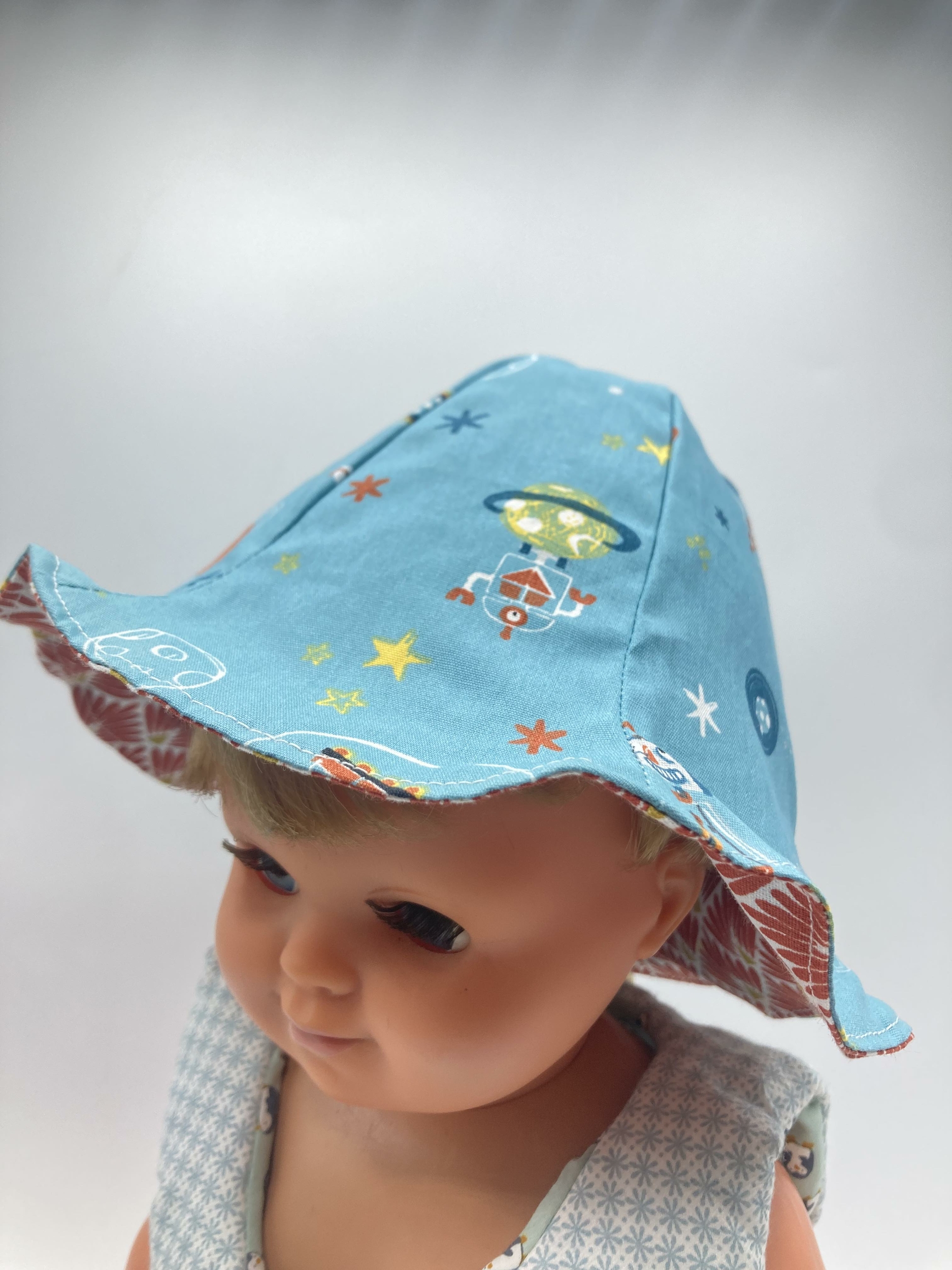 bob chapeau bébé coton été artisanal robot bleu turquoise