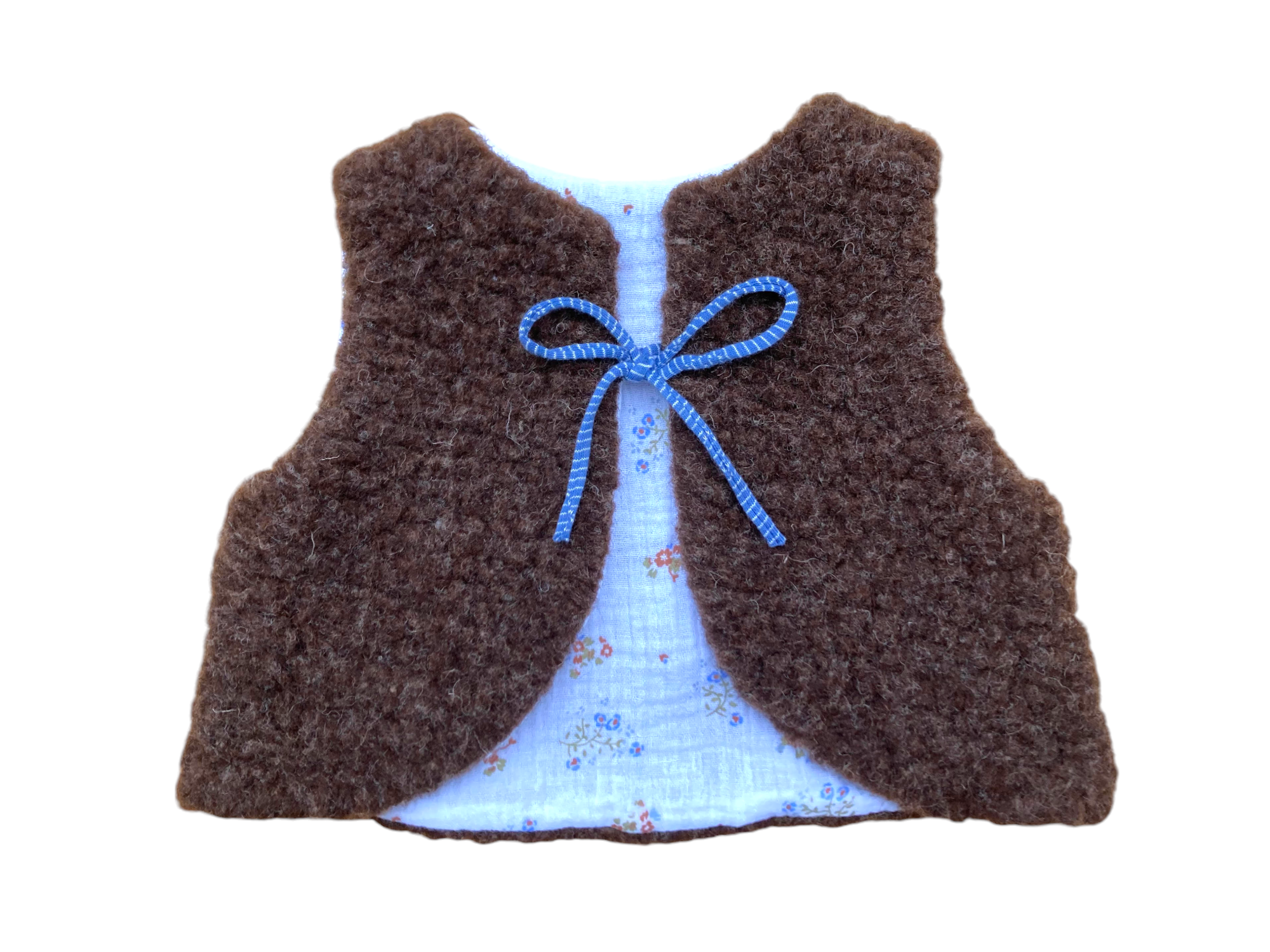gilet mouton marron bebe gaze fleuri blanc bleu
