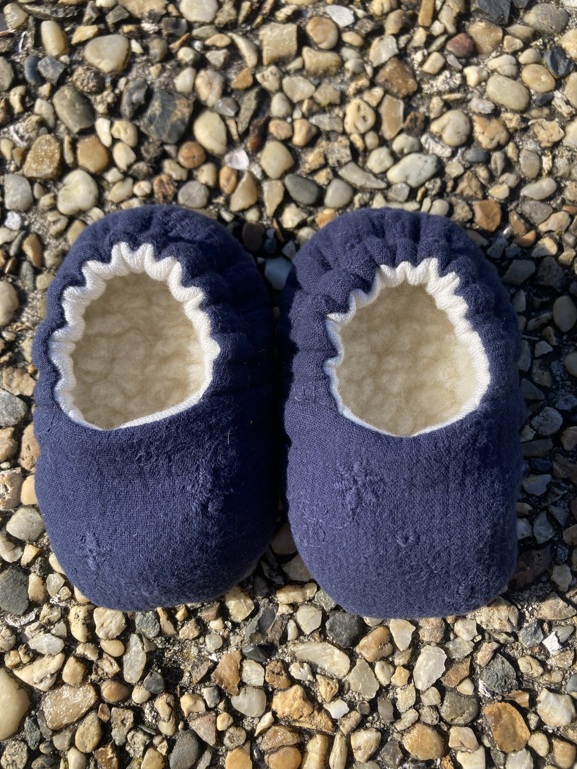 chausson bébé reversible gaze coton bambou laine broderie bleu marine