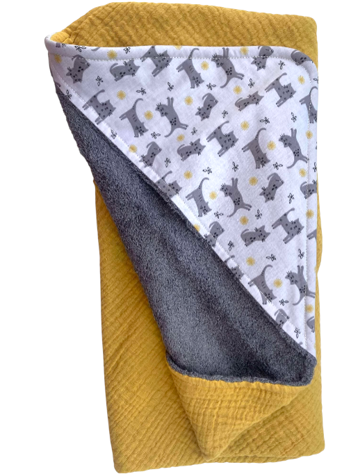 cape bain bambou gaze coton chats gris jaune moutarde2