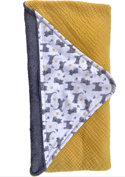 cape bain bambou gaze coton chats gris jaune moutarde