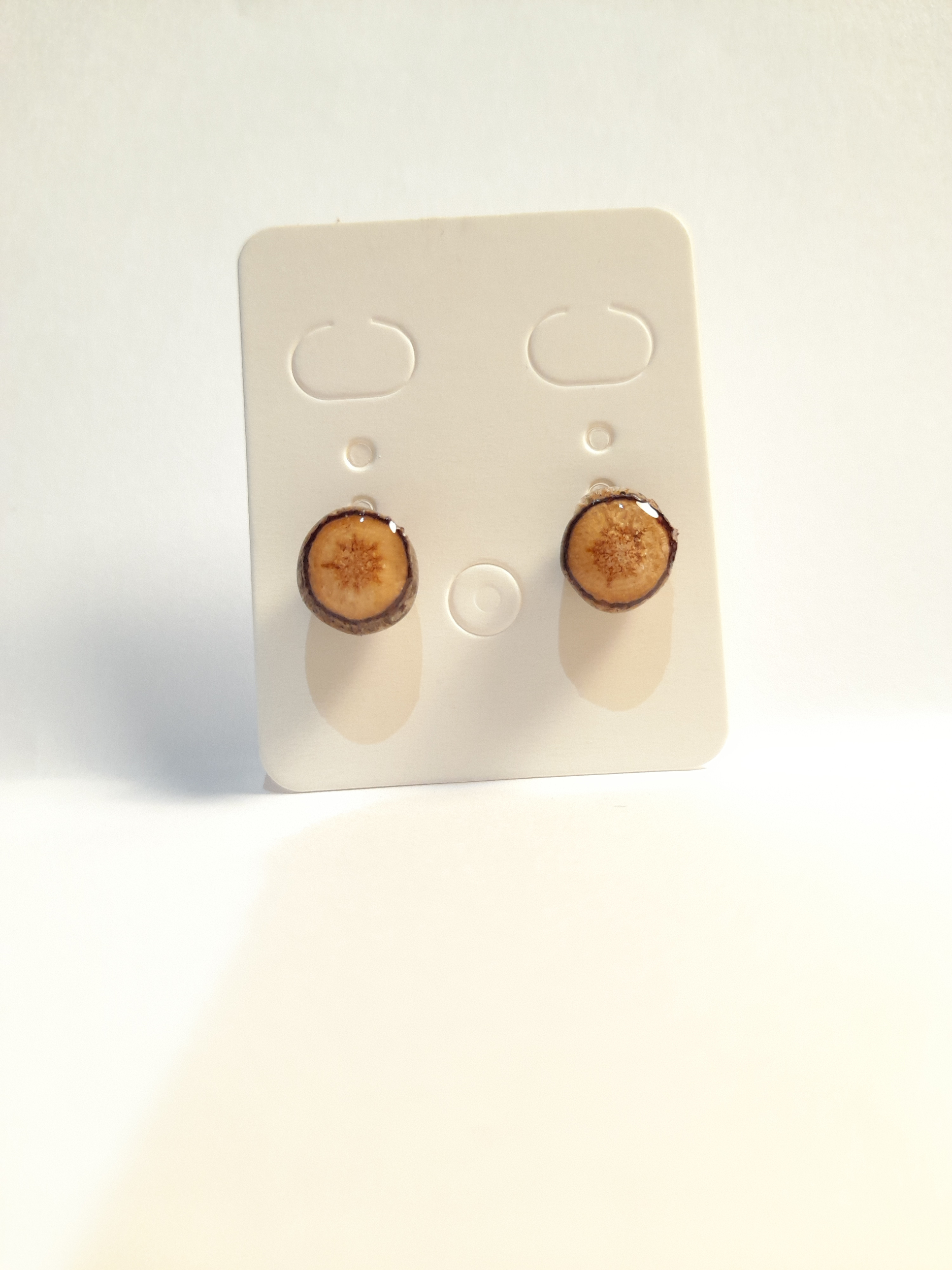 boucles oreilles bois de pin rondelle résinée acier inox artisanale
