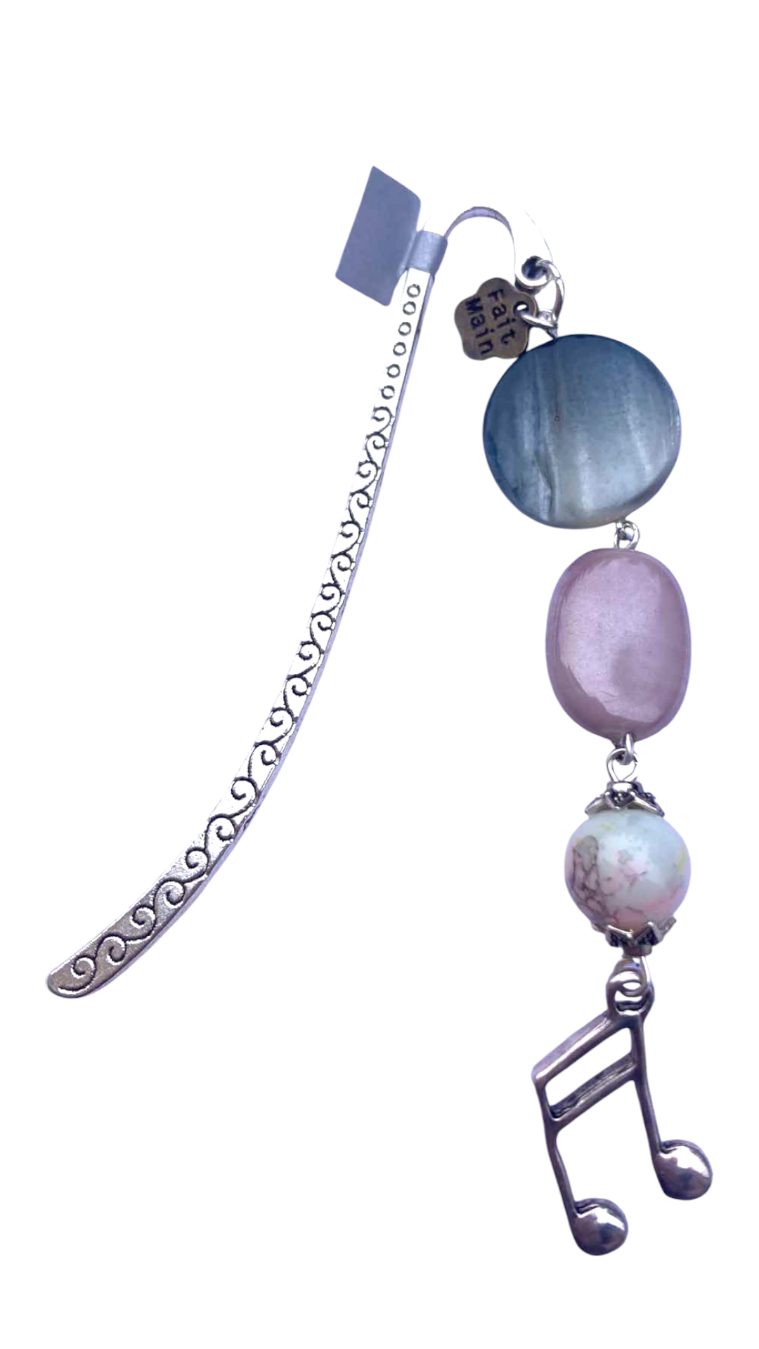 marque page nacre perles verre bleu gris violine note musique