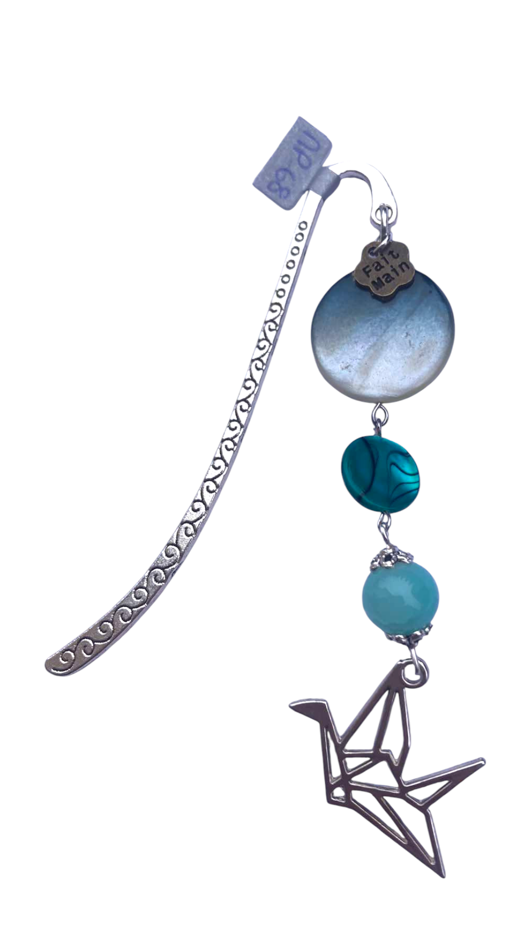 marque page nacre perles verre bleu gris grue origami MP68