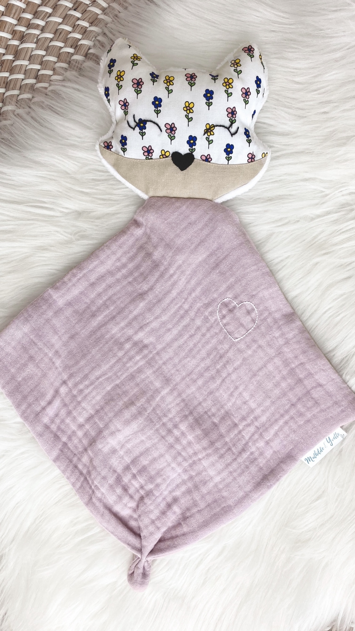 doudou artisanal certifié coton double gaze renard rose fleuri