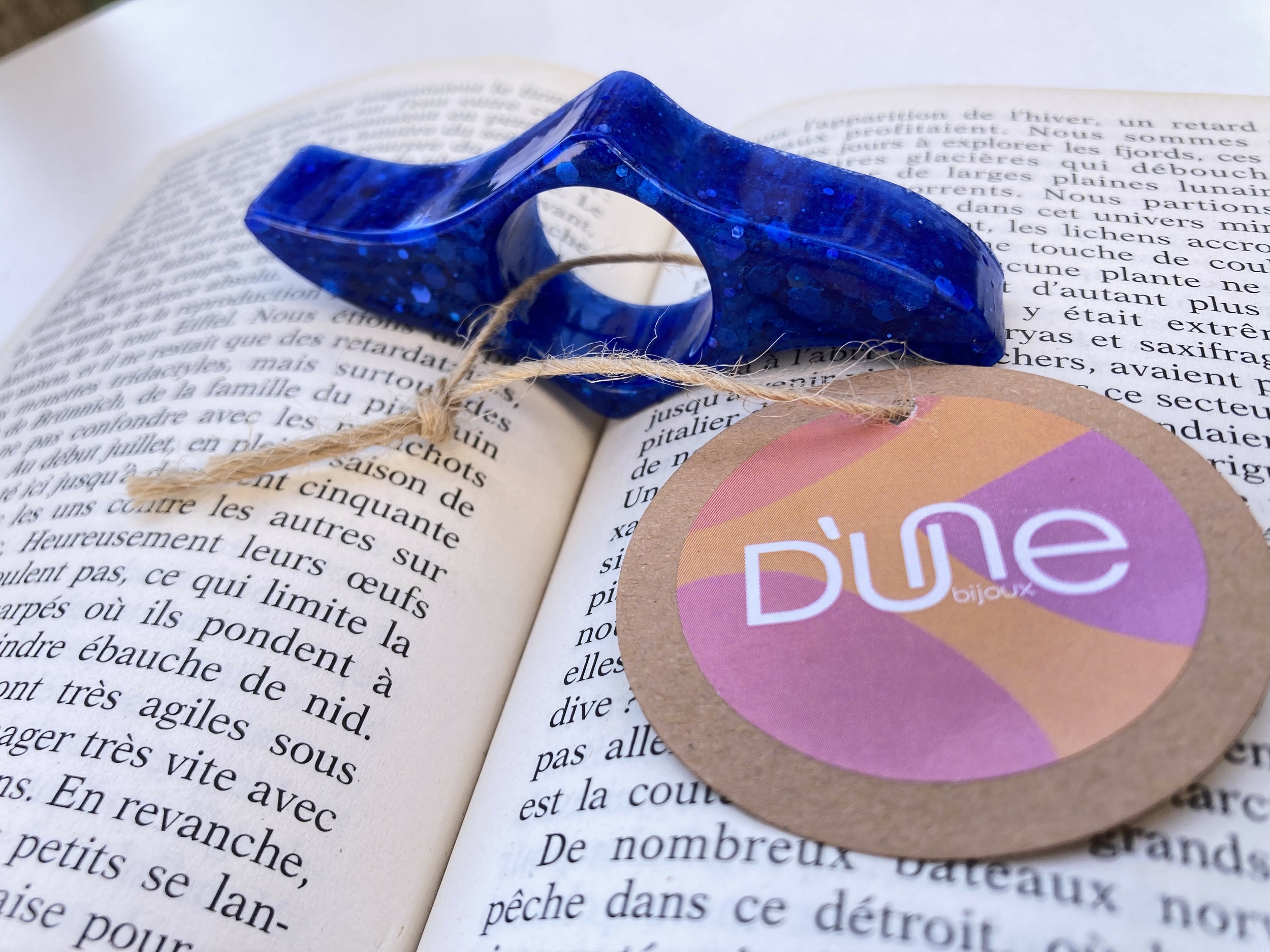 bague lecture irisée paillettée artisanal bleu