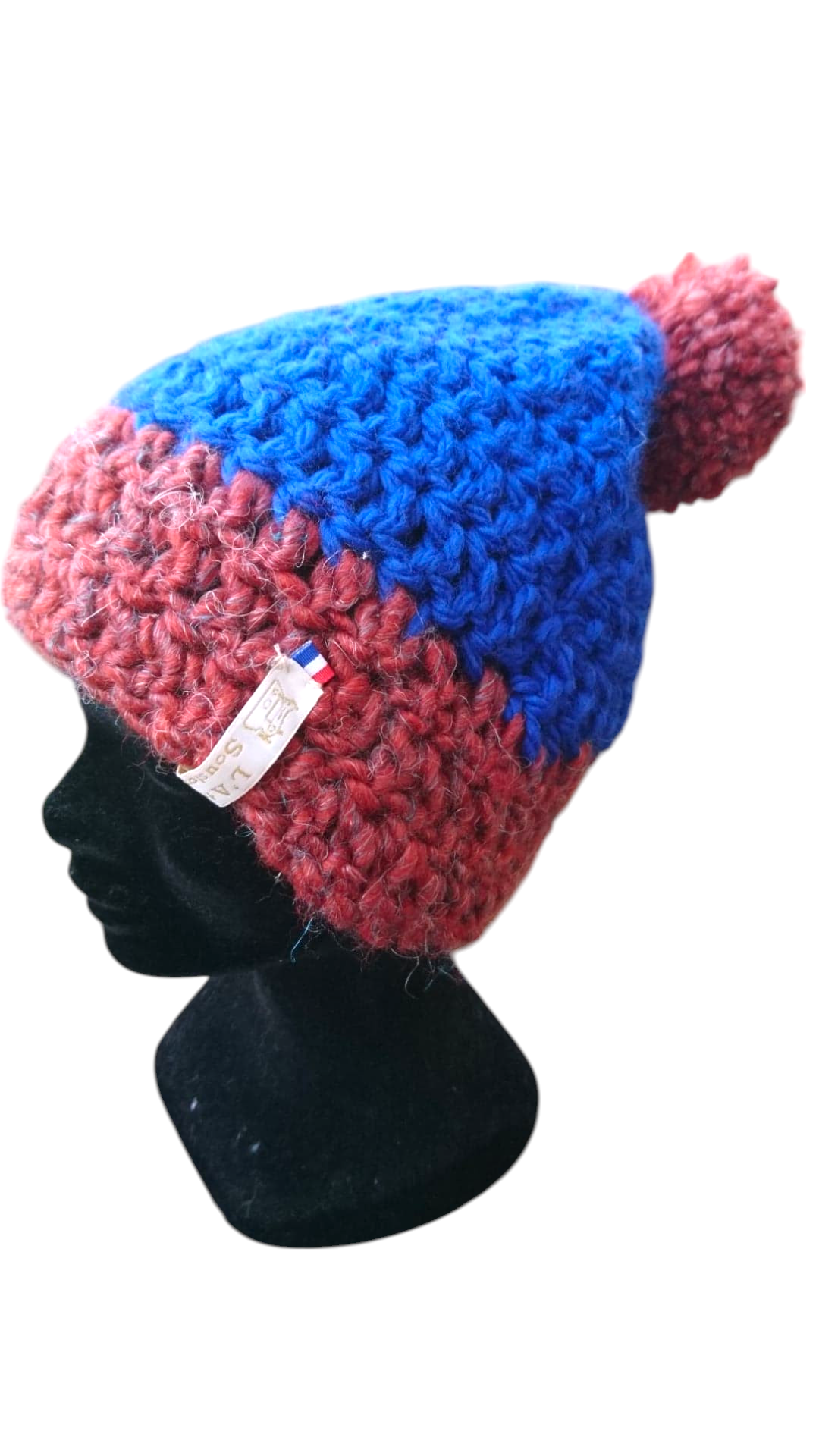 bonnet tricoté main gris bleu