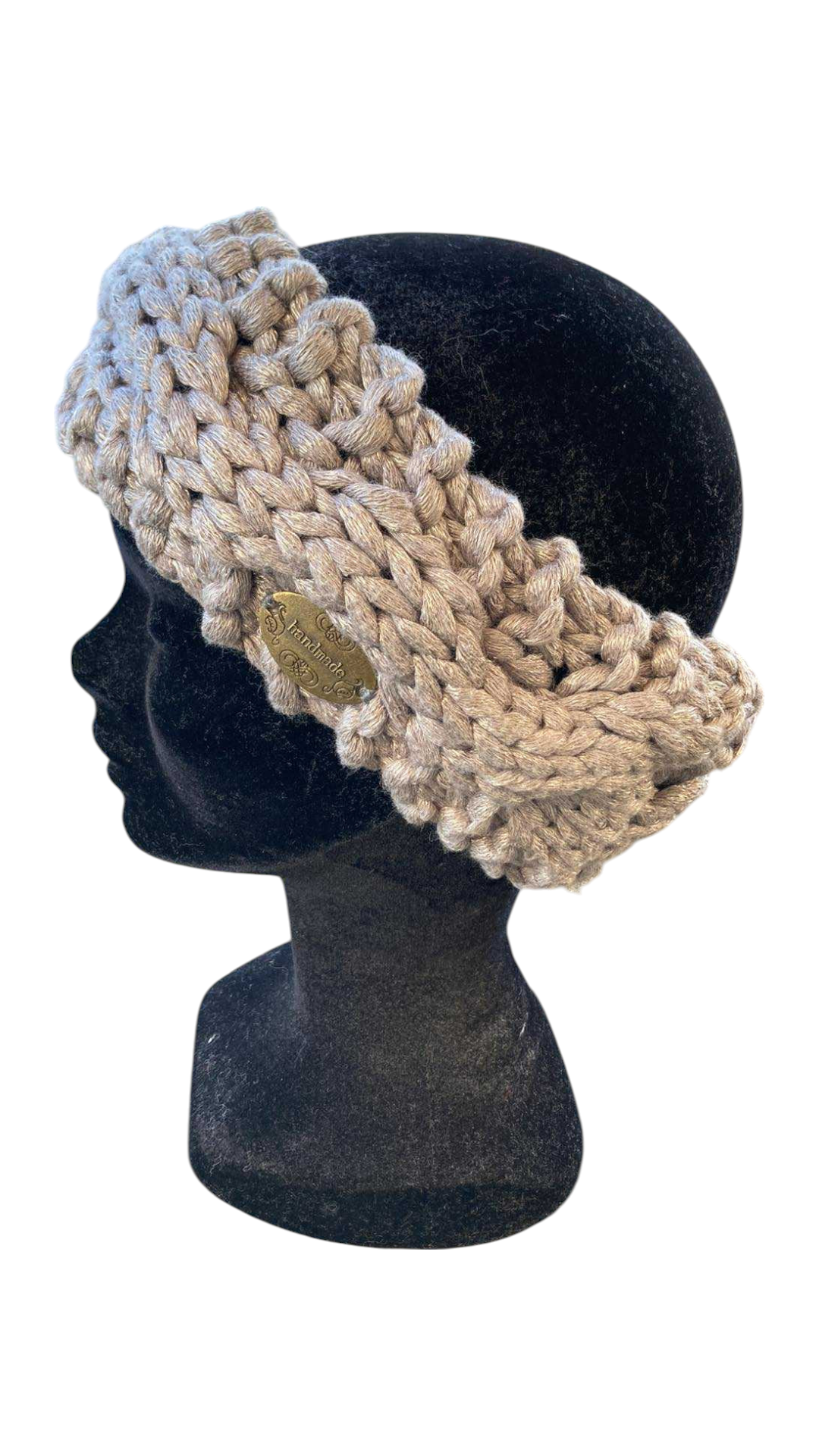 bandeau tricoté main torsade coton gris