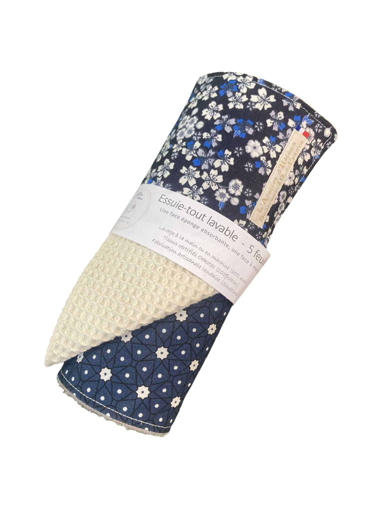 essuie tout 5 feuilles eponge nid abeille mix bleu fleuri(3)