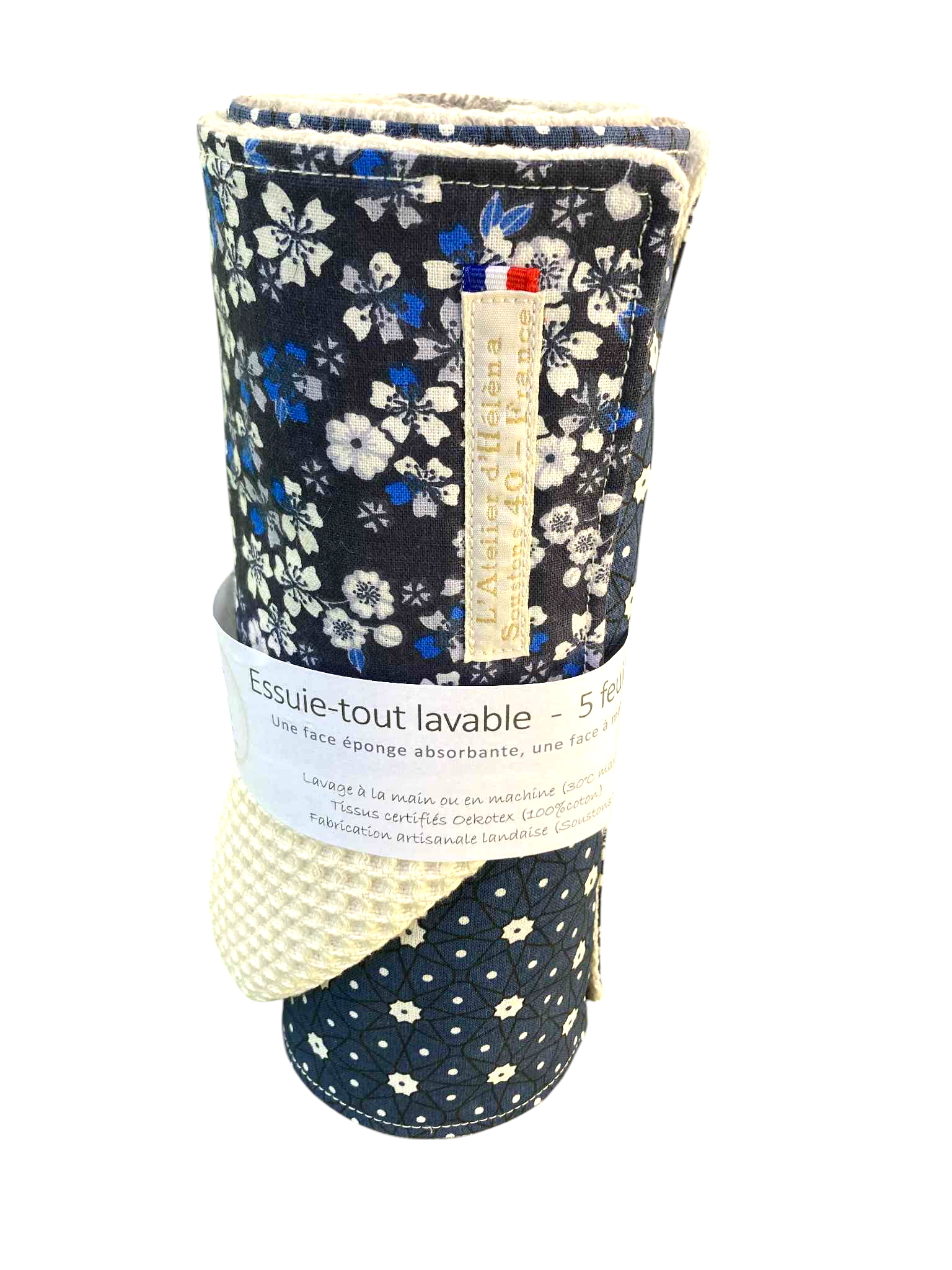 essuie tout 5 feuilles eponge nid abeille mix bleu fleuri