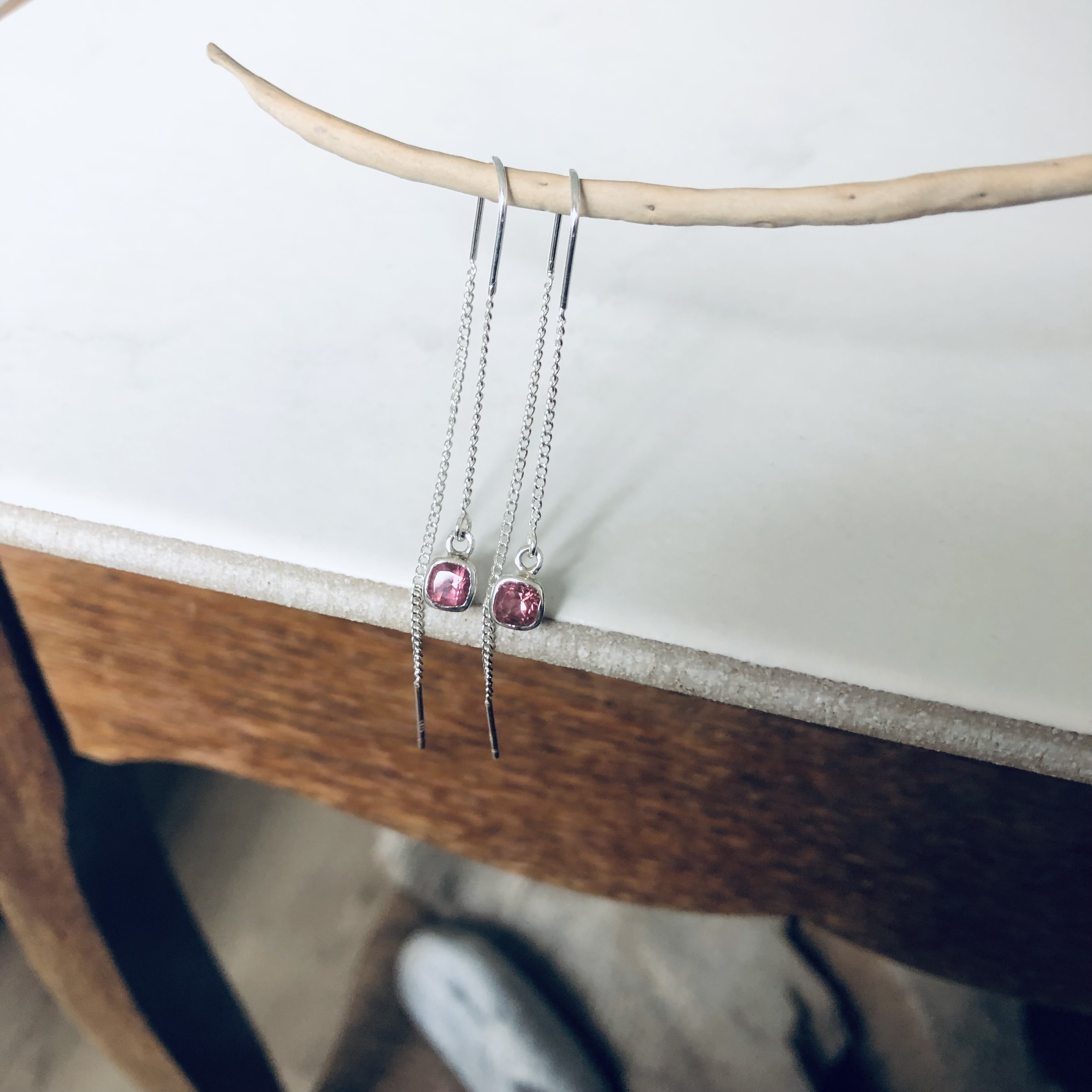 boucle oreille aregnt chaine tourmaline rose artisanale