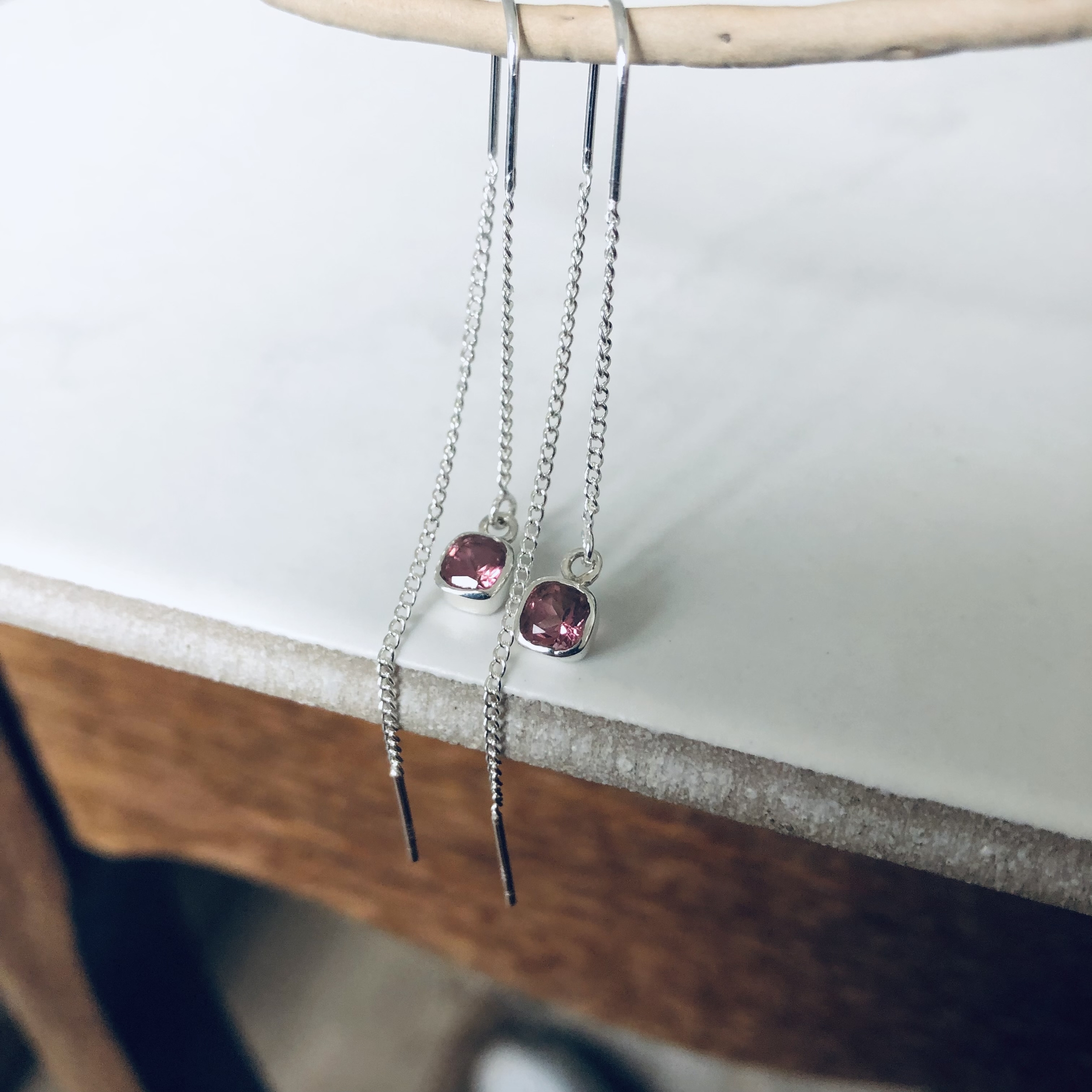 boucle oreille aregnt chaine tourmaline rose artisanale