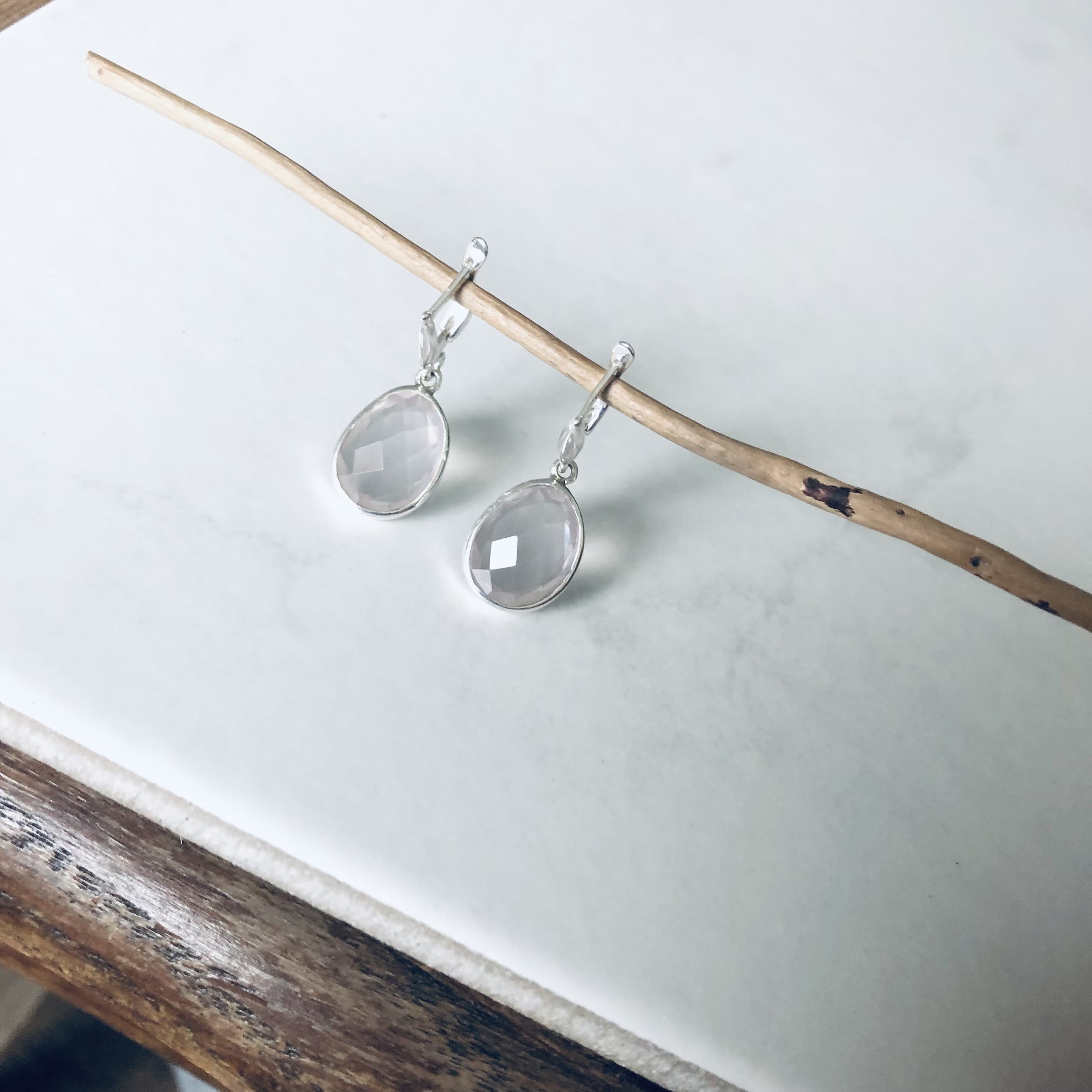 boucle oreille quartz rose argent artisanal