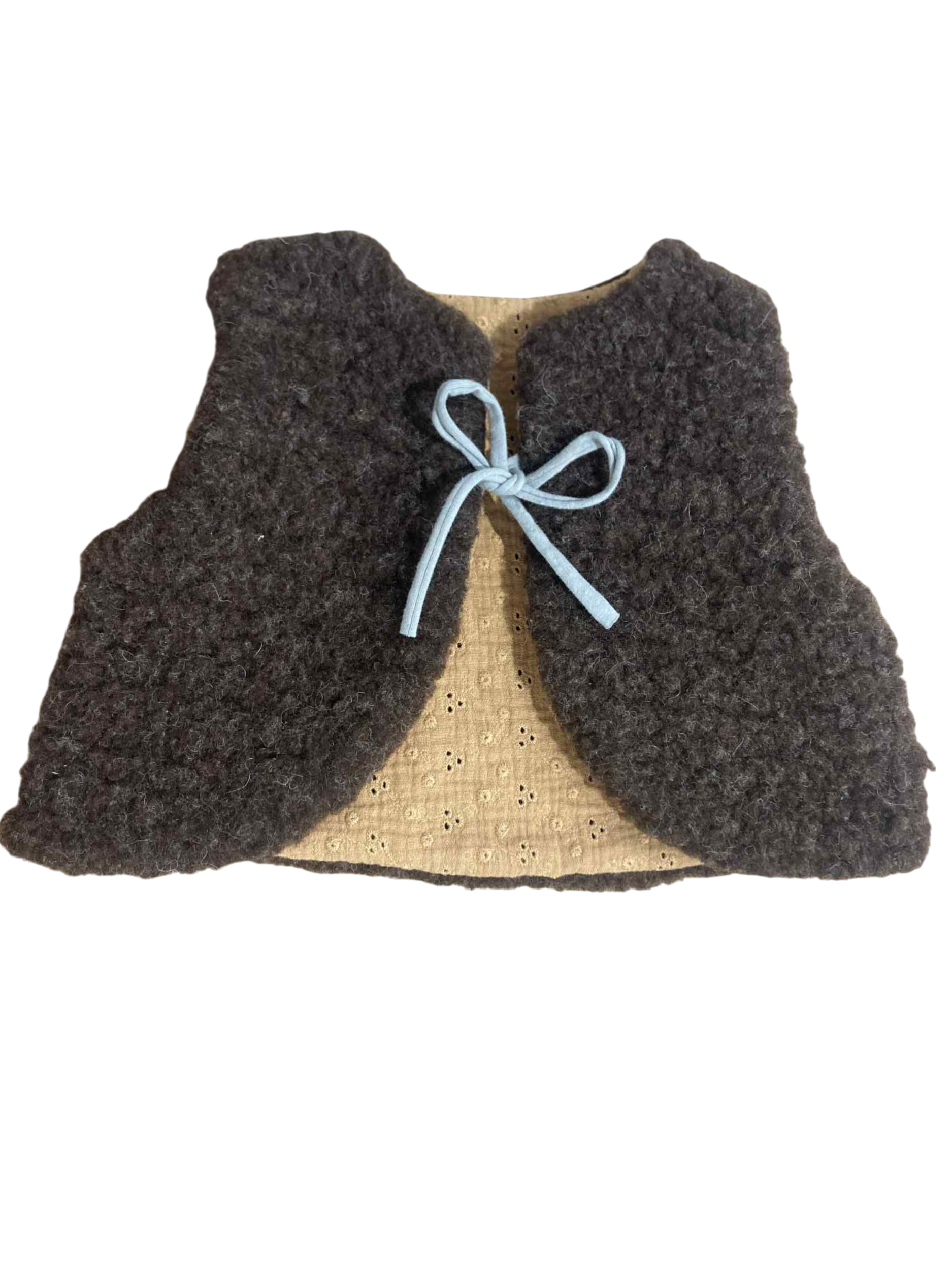 gilet laine mouton artisanal bébé marron brodé camel