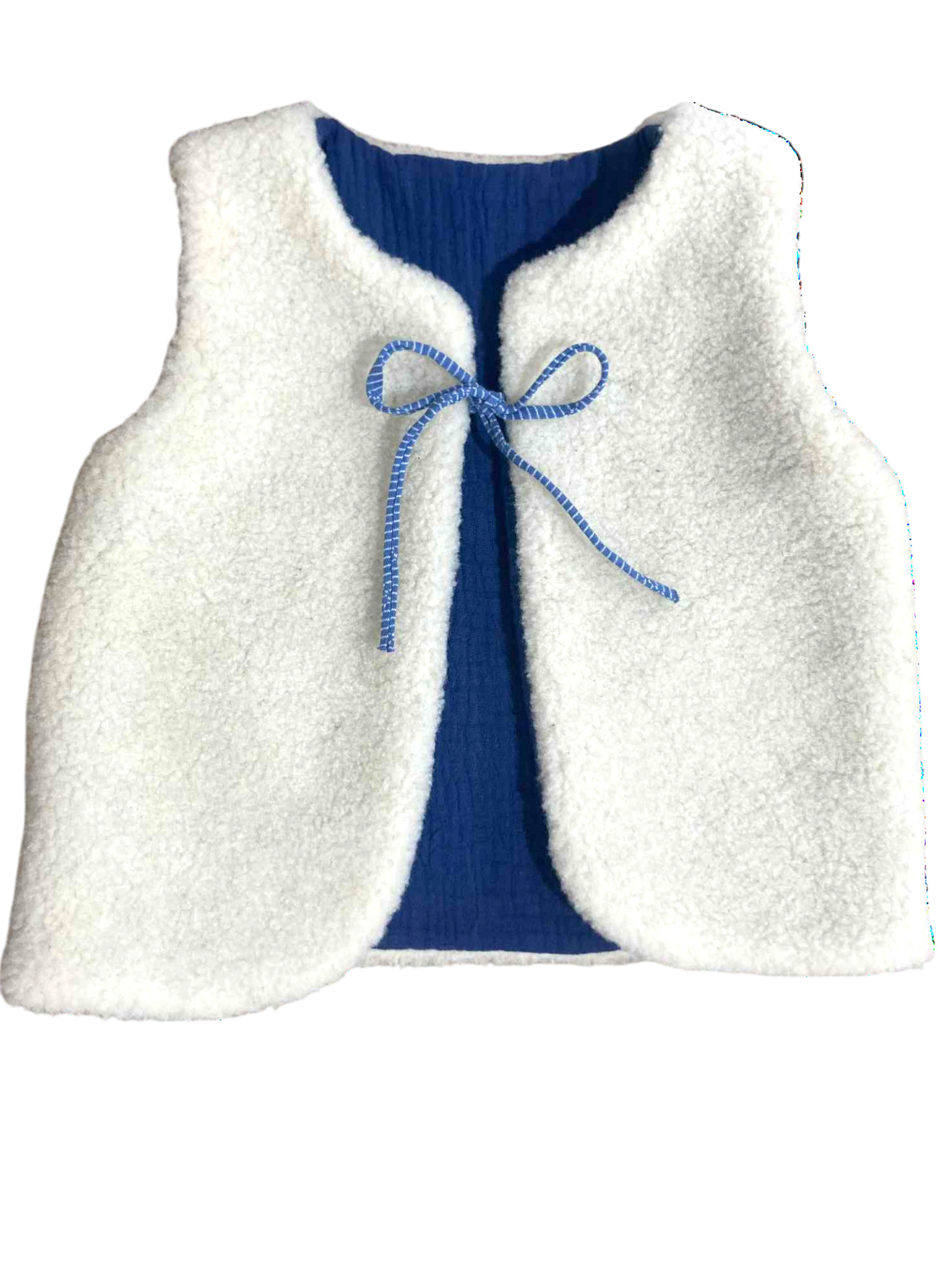 gilet laine mouton artisanal enfant ecru bleu