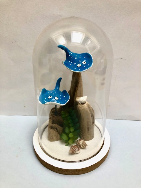 cloche deco poissons raies bleues blanc bois flotté
