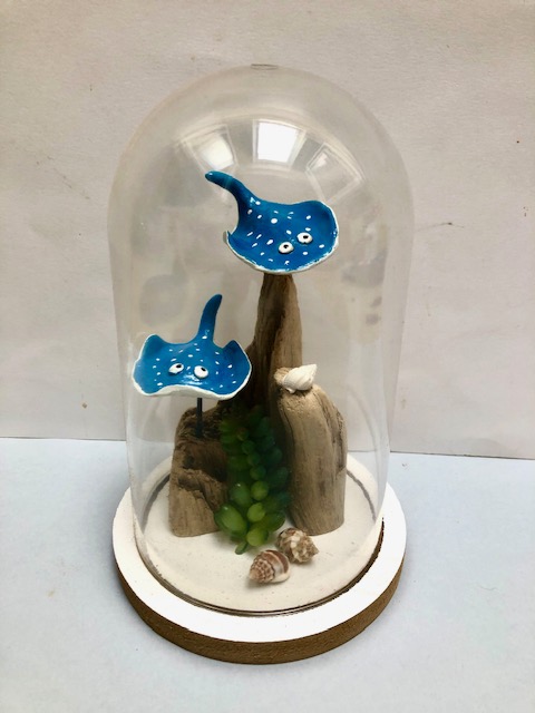 cloche deco poissons raies bleues blanc bois flotté