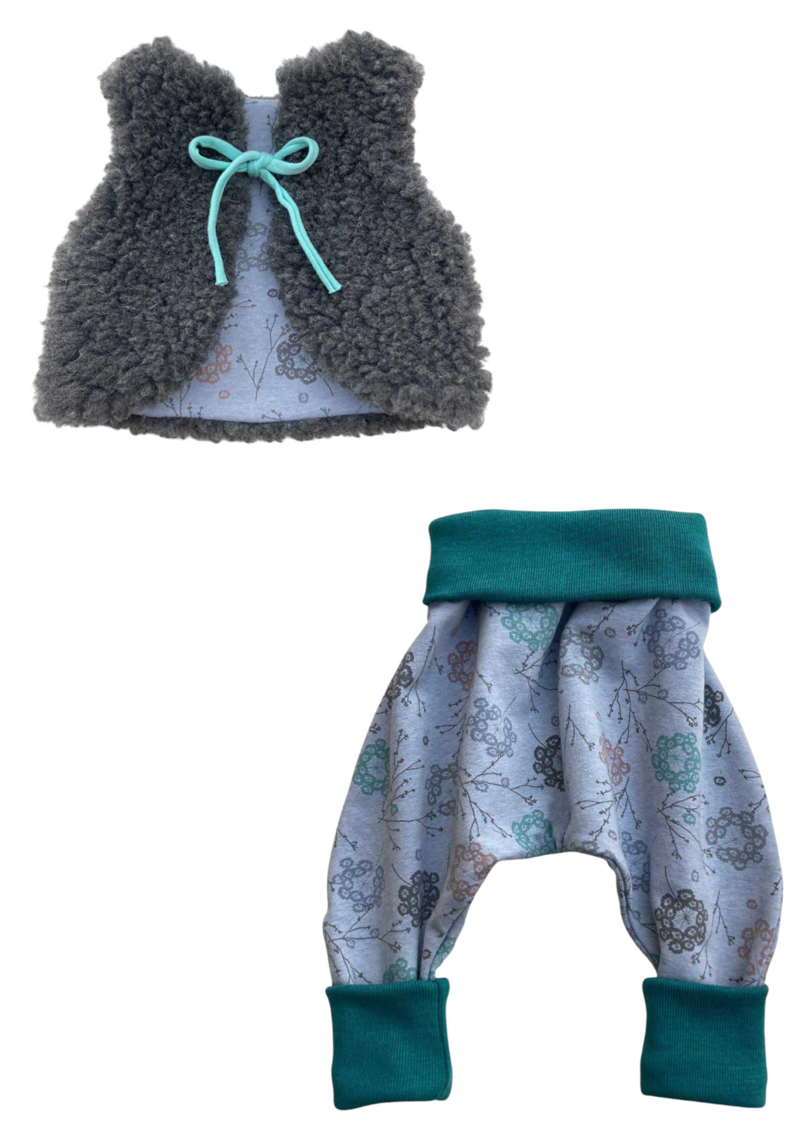 ensemble gilet et pantalon saouel pissenlits bleus laine mouoton gris