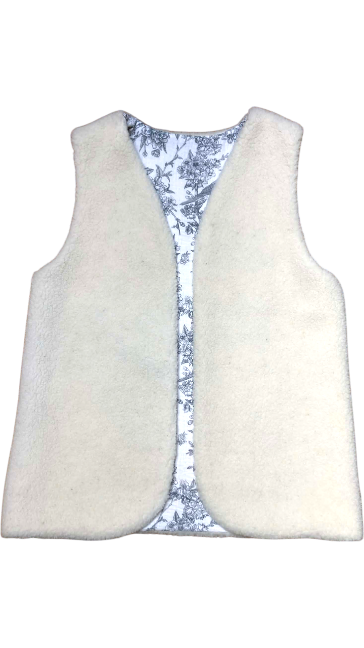gilet long laine pyrénée ecru gaze coton oiseaux gris