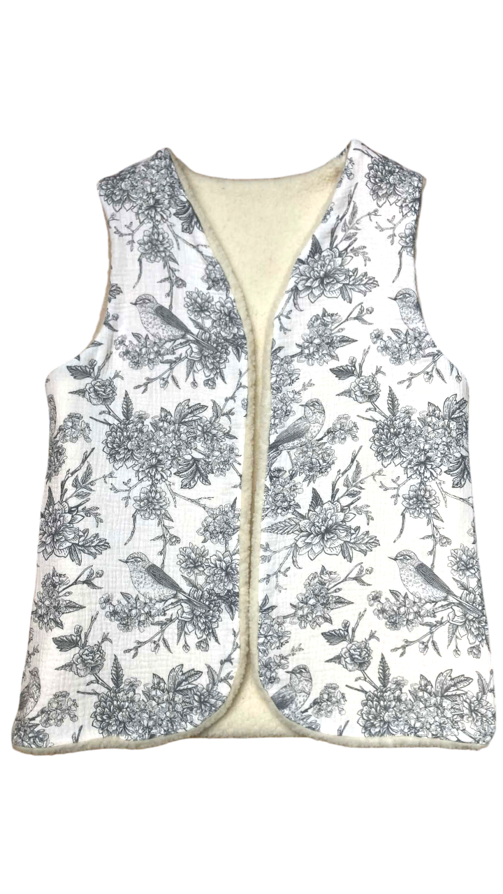 gilet long laine pyrénée ecru gaze coton oiseaux gris (2)