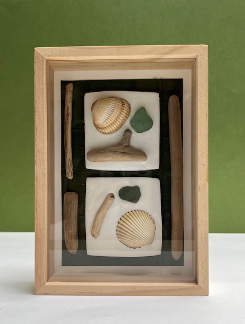 cadre vitrine coquillages verre mer bois flotté