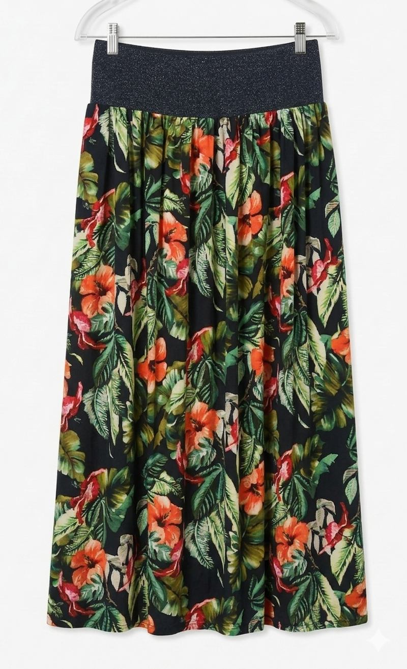 jupe viscose noire feuillage cintre