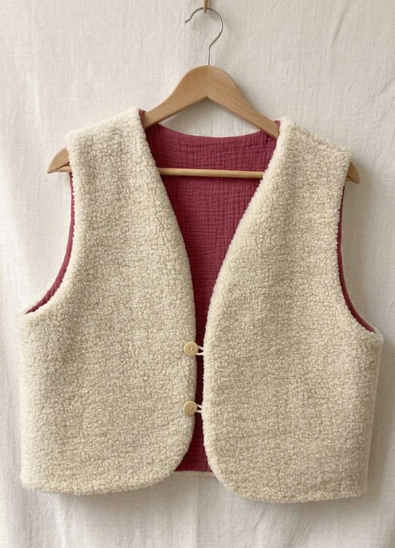 gilet réversible laine pyrénées écru bois de rose 2 boutons