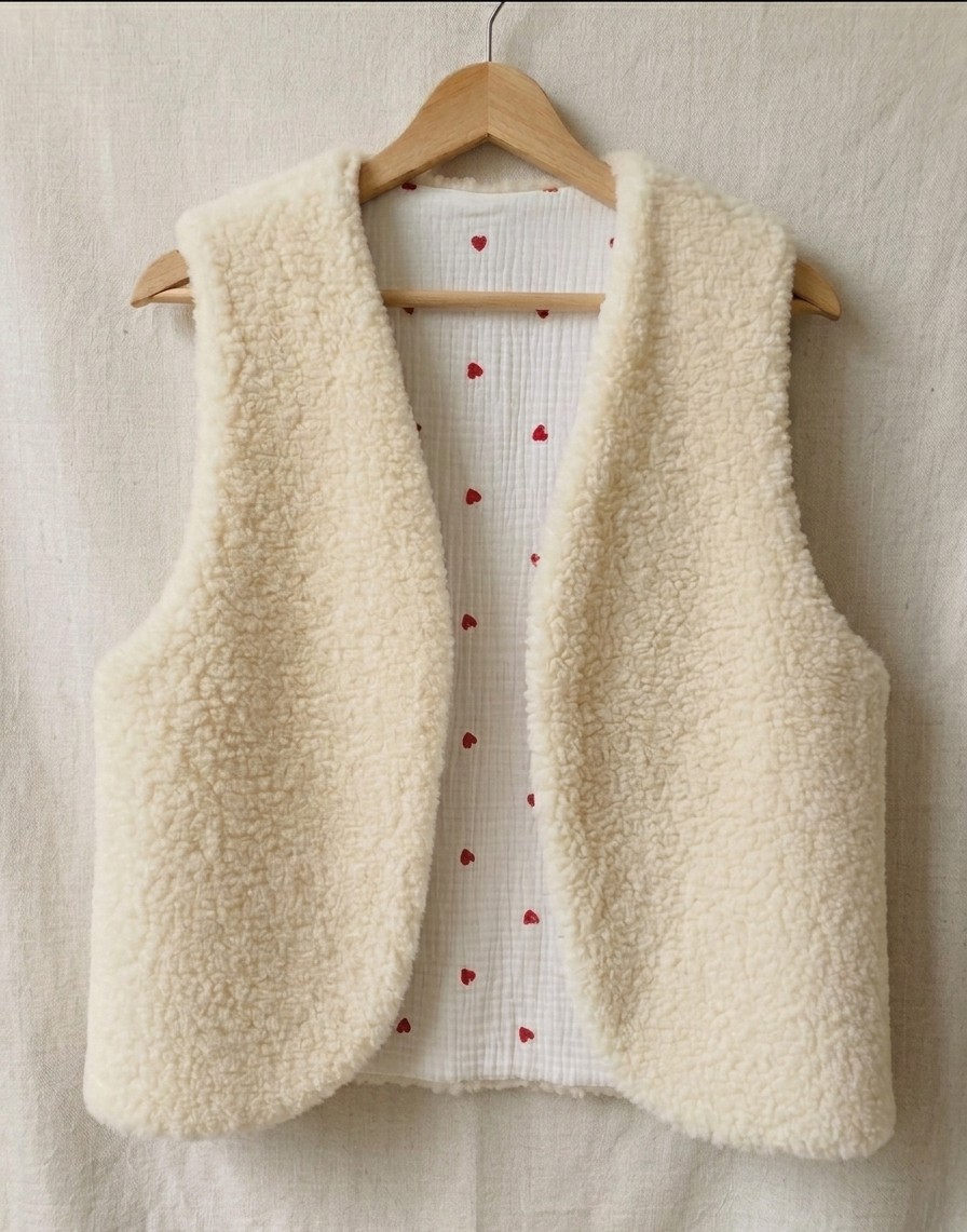 gilet réversible laine pyrénées ecru blanc coeur rouge